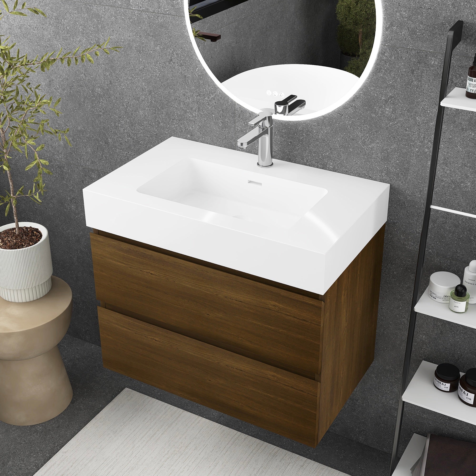 Wall-Mounted Bathroom Vanity Set with 2 Drawers and Solid surface Sink