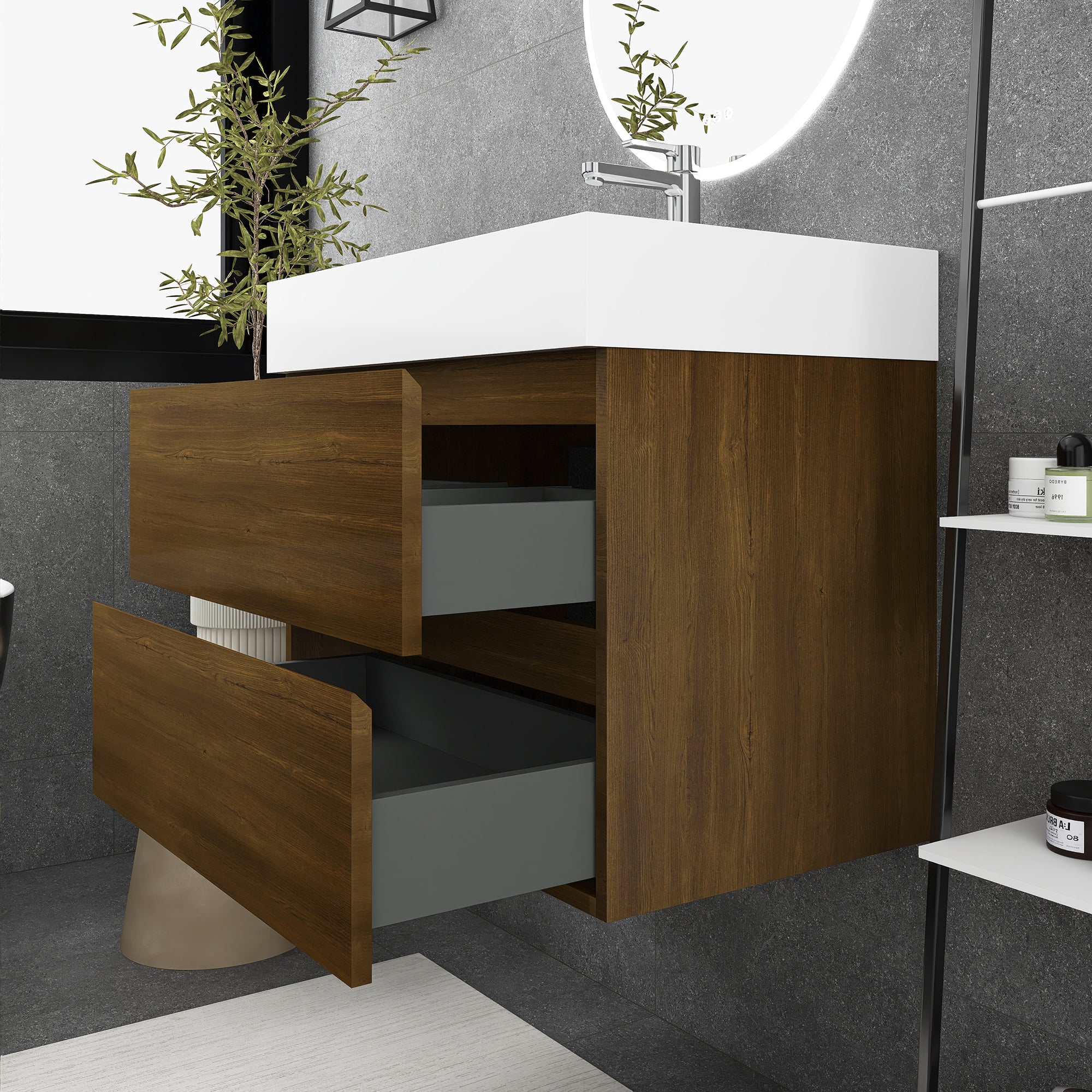 24"/30"/36" Wall-Mounted Bathroom Vanity Set with 2 Drawers and White Resin Sink
