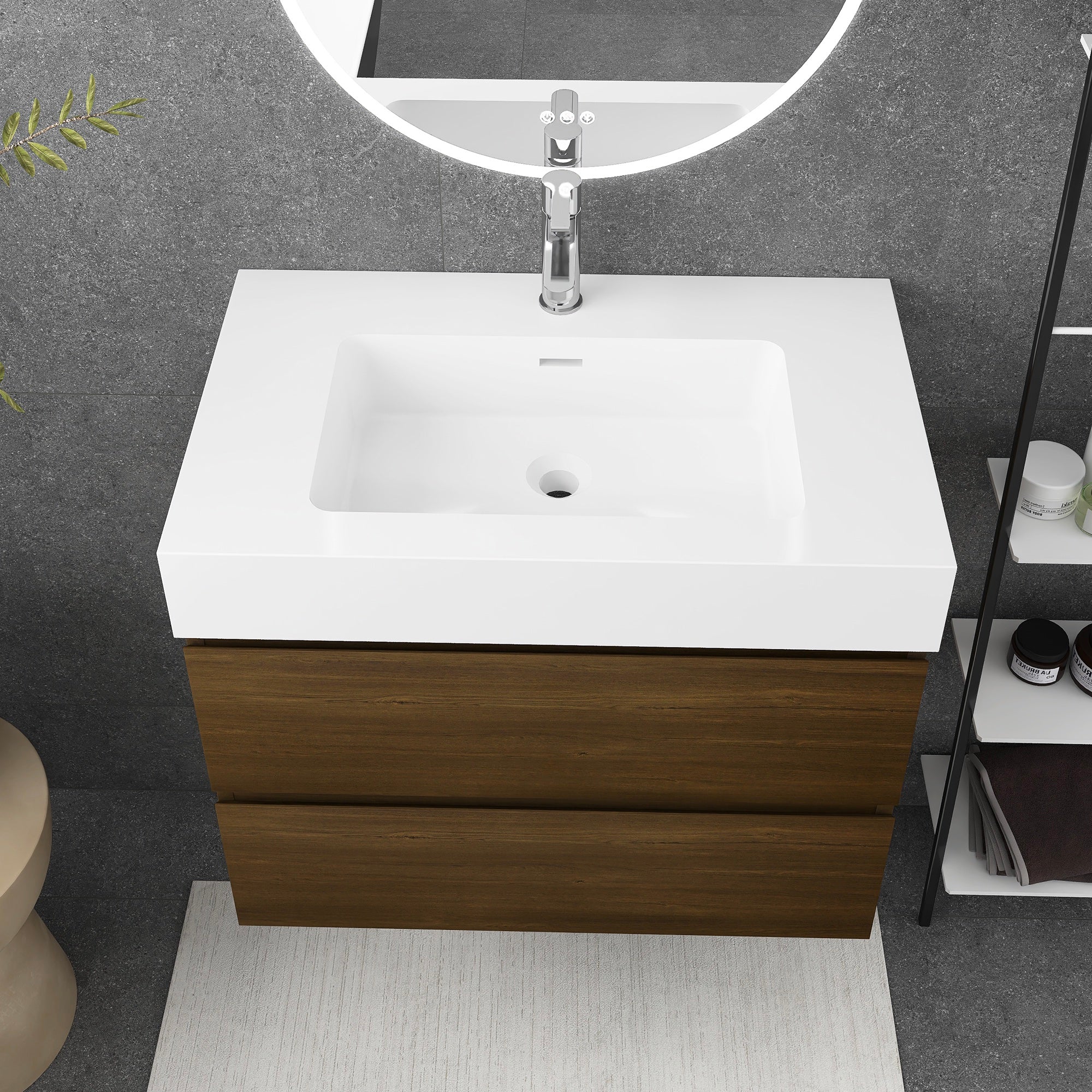 Wall-Mounted Bathroom Vanity Set with 2 Drawers and Solid surface Sink