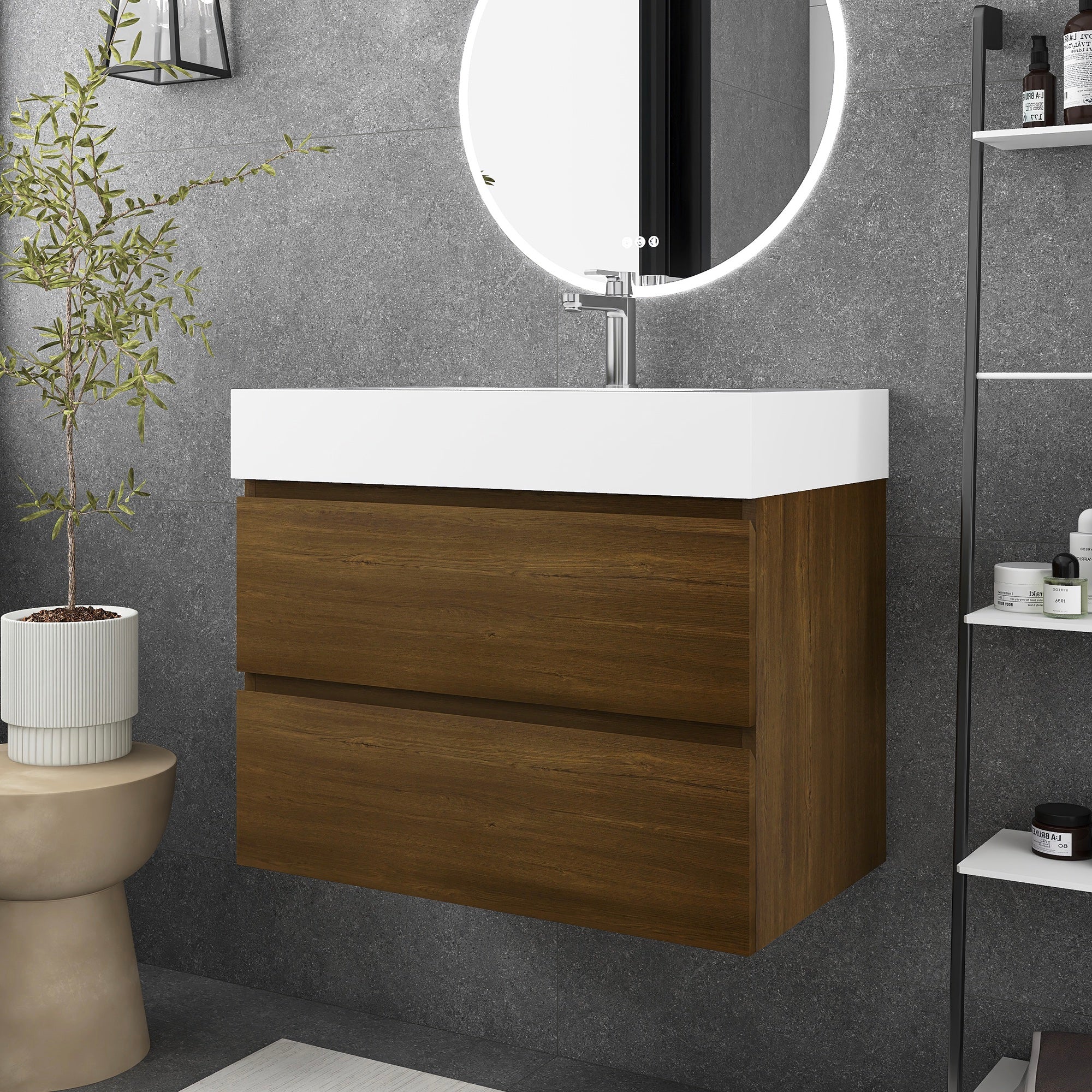 Wall-Mounted Bathroom Vanity Set with 2 Drawers and Solid surface Sink