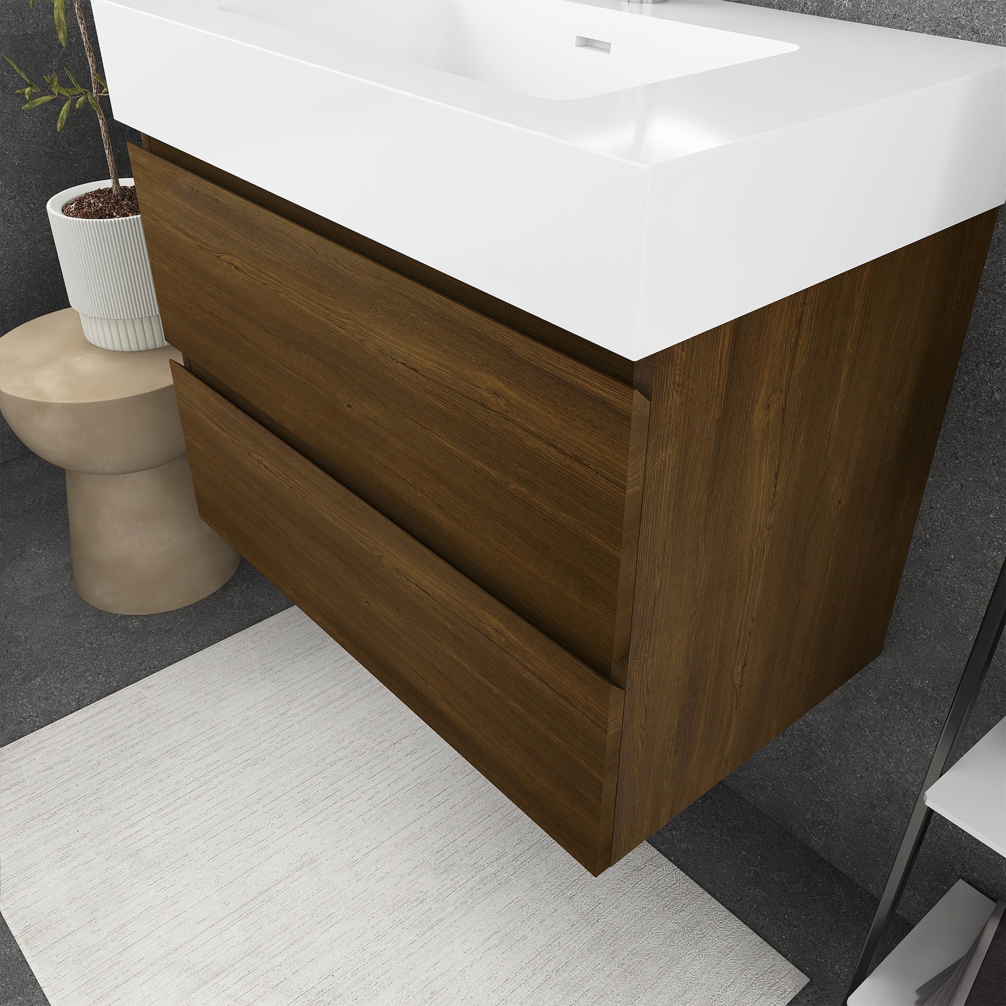 Wall-Mounted Bathroom Vanity Set with 2 Drawers and Solid surface Sink