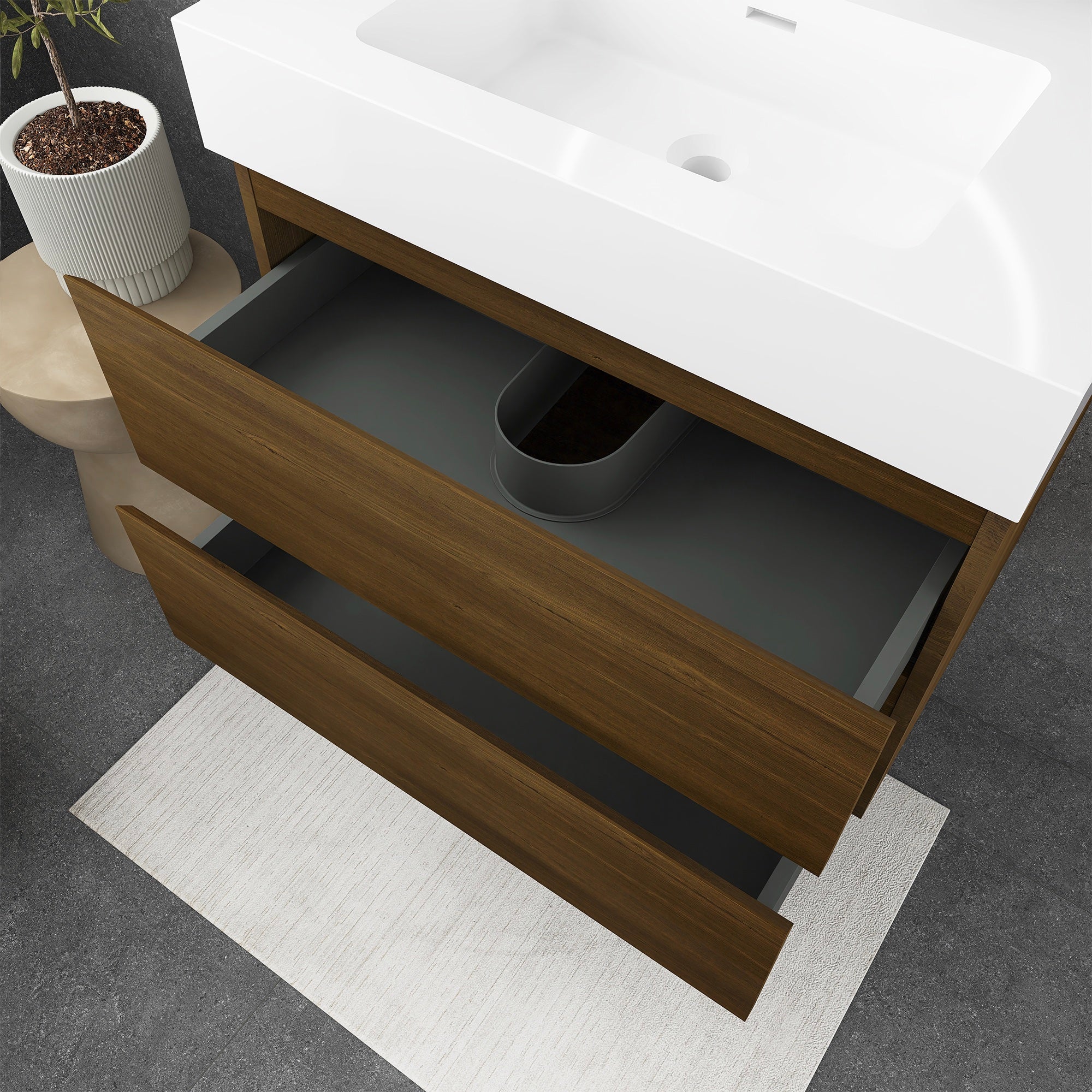 Wall-Mounted Bathroom Vanity Set with 2 Drawers and Solid surface Sink