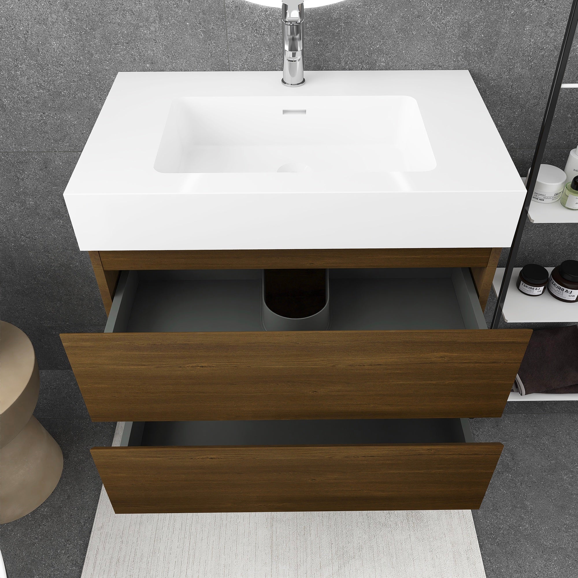 Wall-Mounted Bathroom Vanity Set with 2 Drawers and Solid surface Sink