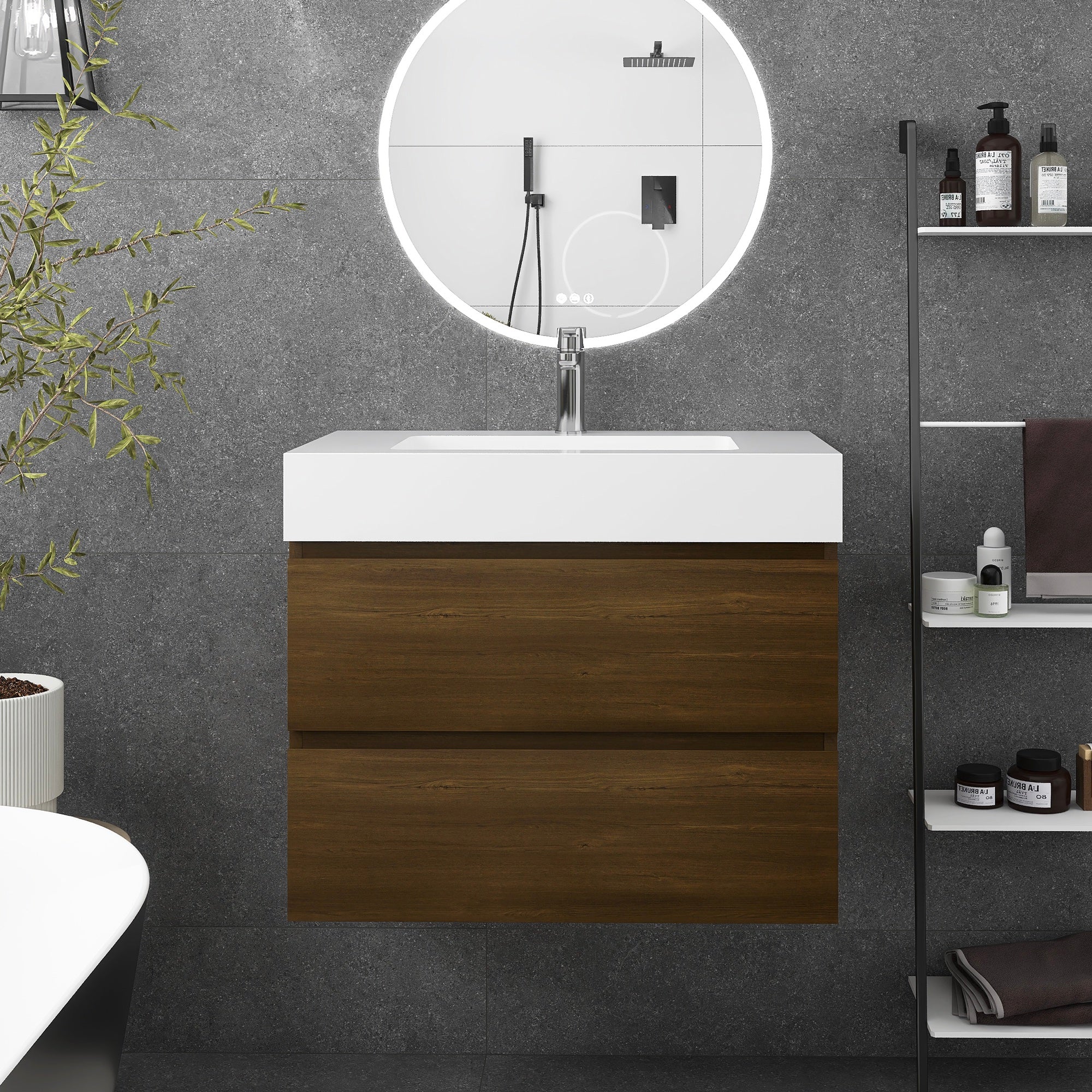 Wall-Mounted Bathroom Vanity Set with 2 Drawers and Solid surface Sink