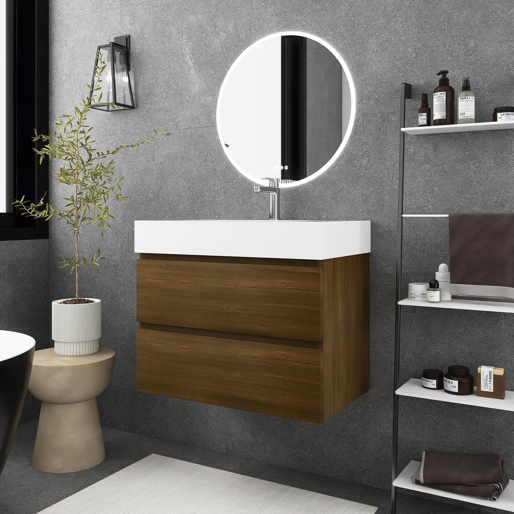 24"/30"/36" Wall-Mounted Bathroom Vanity Set with 2 Drawers and White Resin Sink