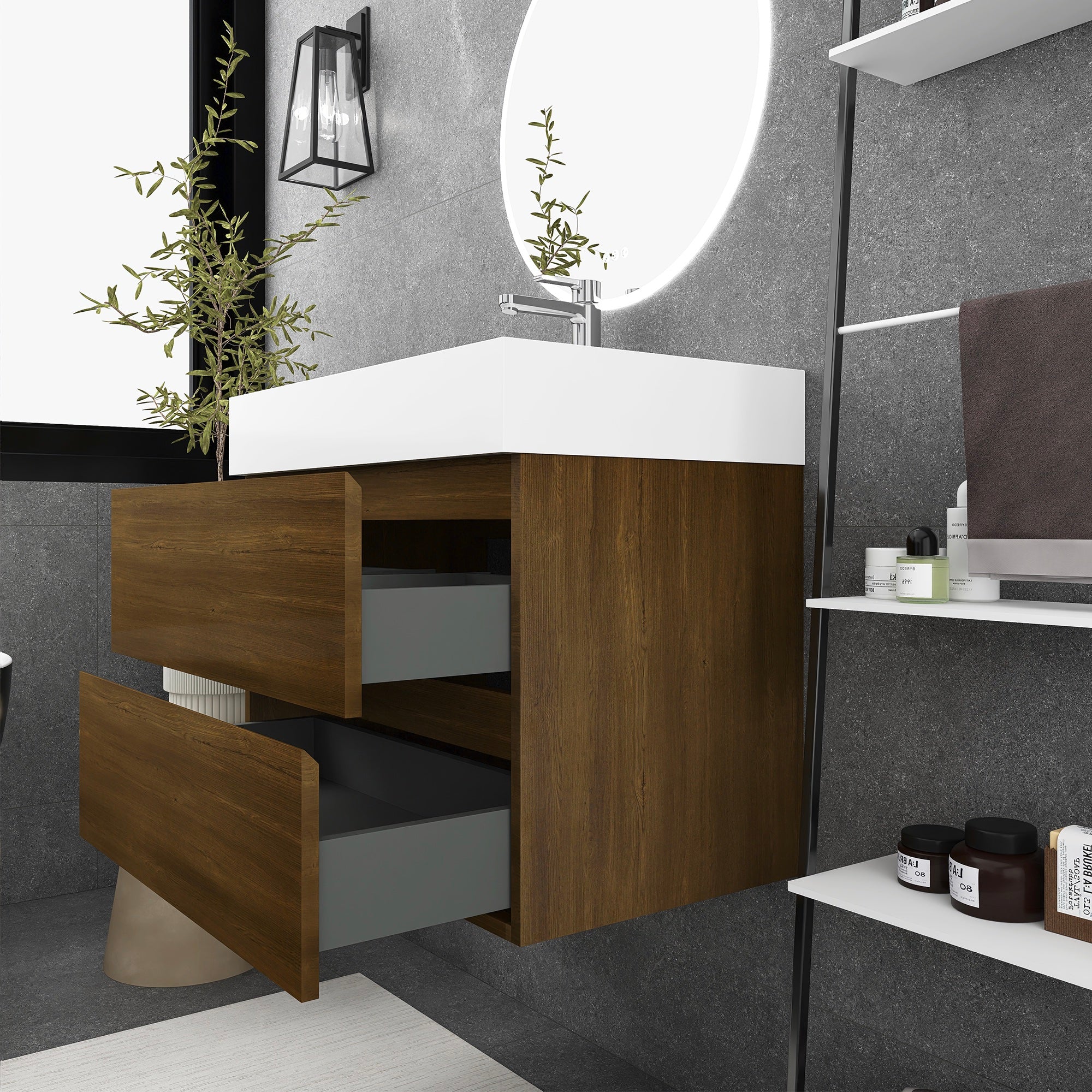 Wall-Mounted Bathroom Vanity Set with 2 Drawers and Solid surface Sink