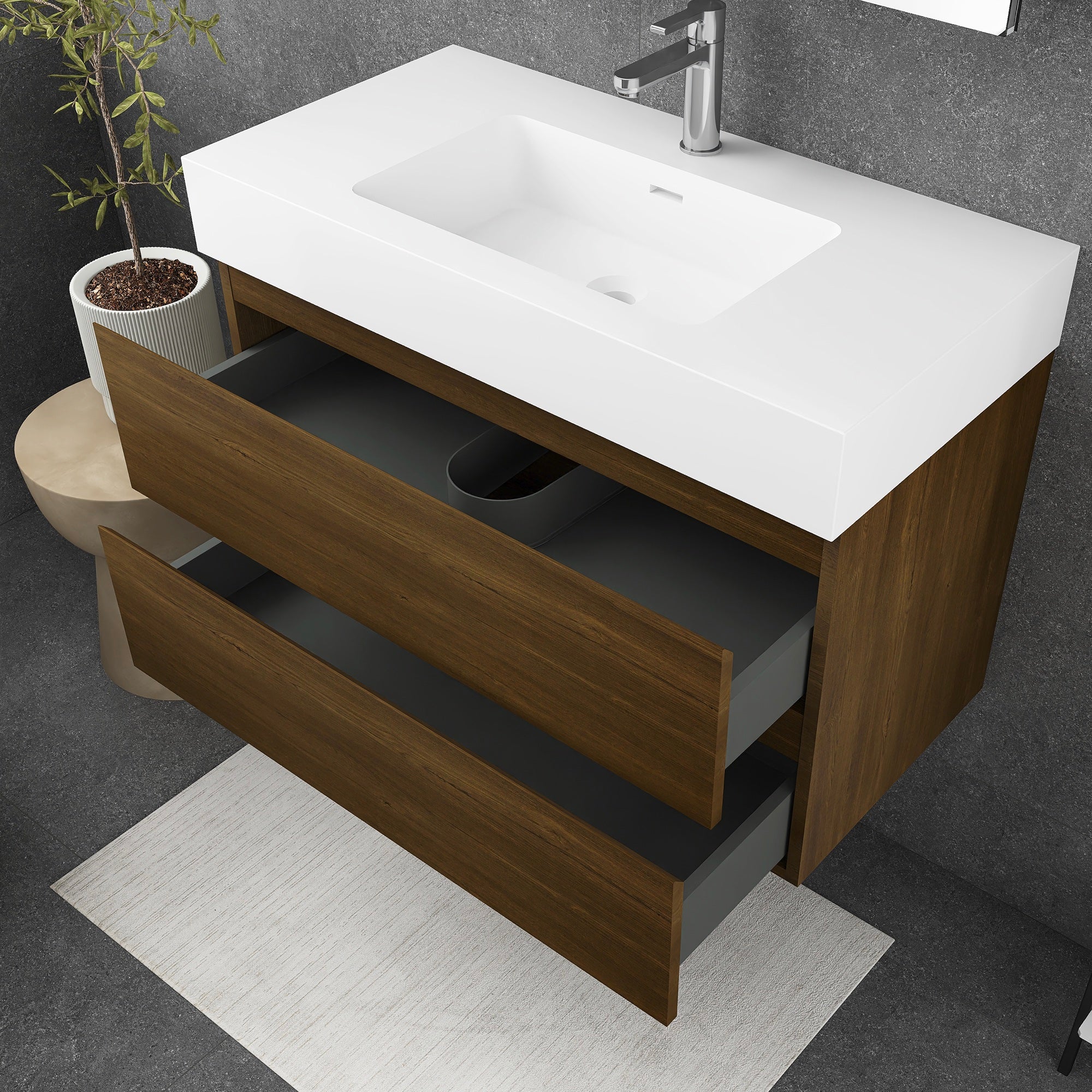 Wall-Mounted Bathroom Vanity Set with 2 Drawers and Solid surface Sink