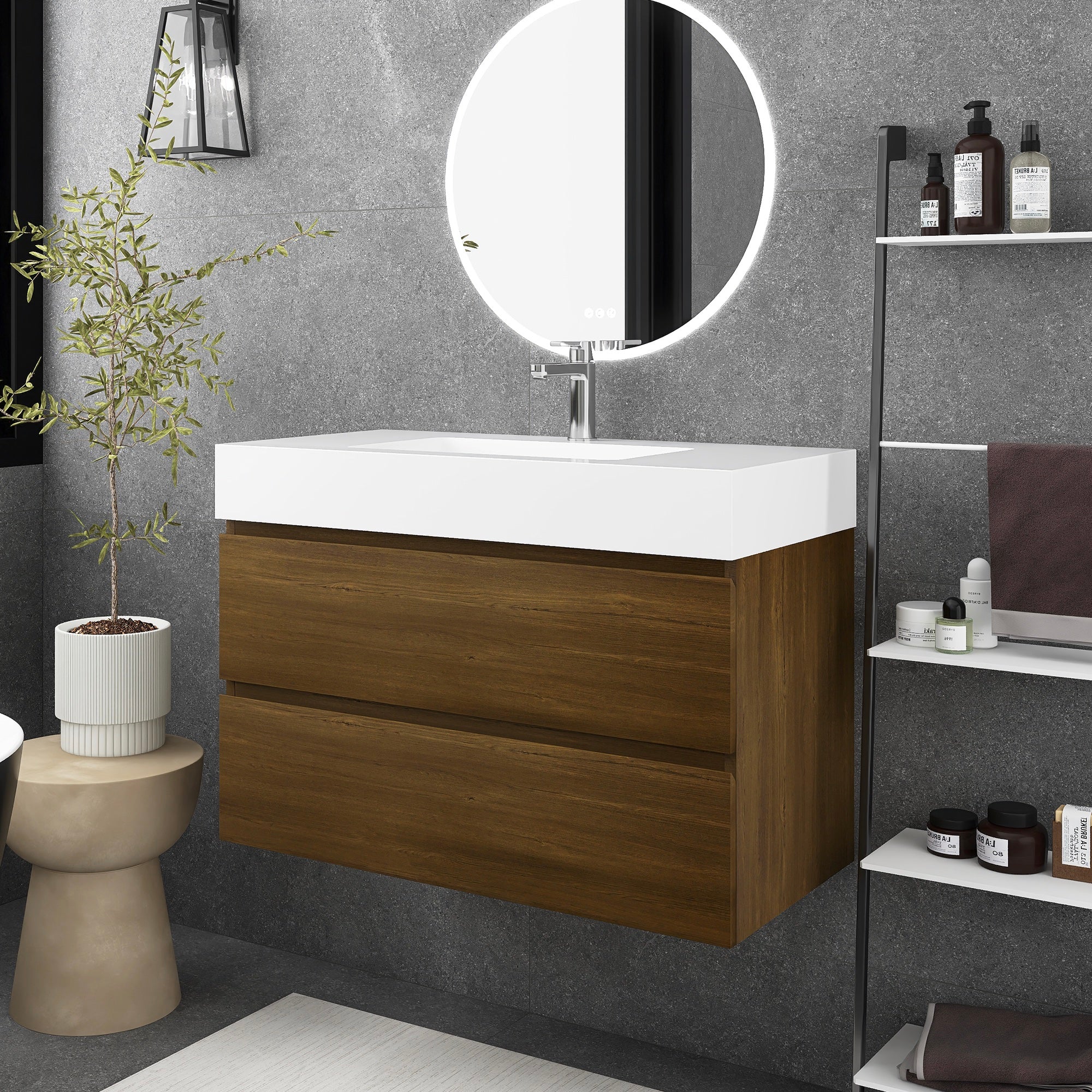 Wall-Mounted Bathroom Vanity Set with 2 Drawers and Solid surface Sink