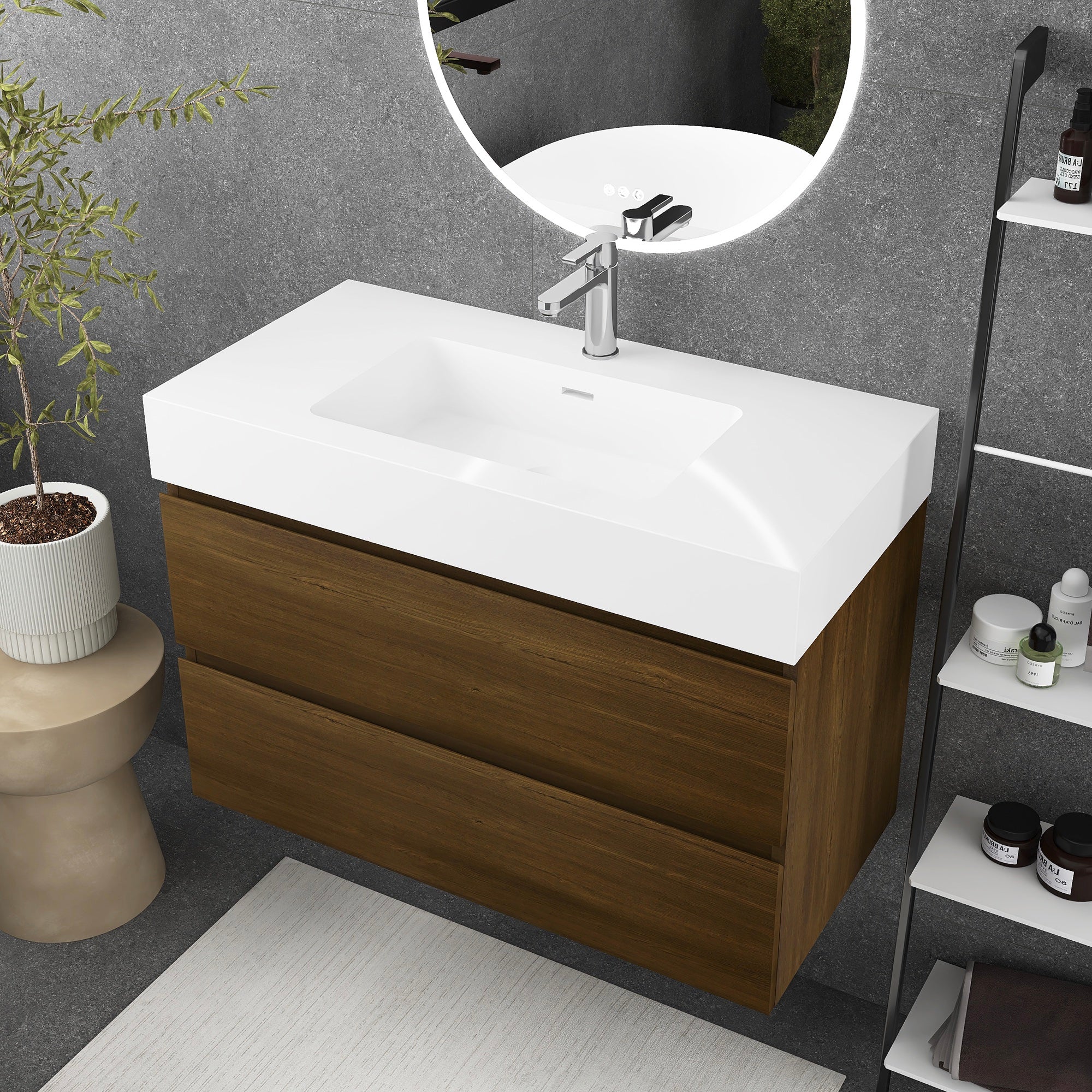 Wall-Mounted Bathroom Vanity Set with 2 Drawers and Solid surface Sink