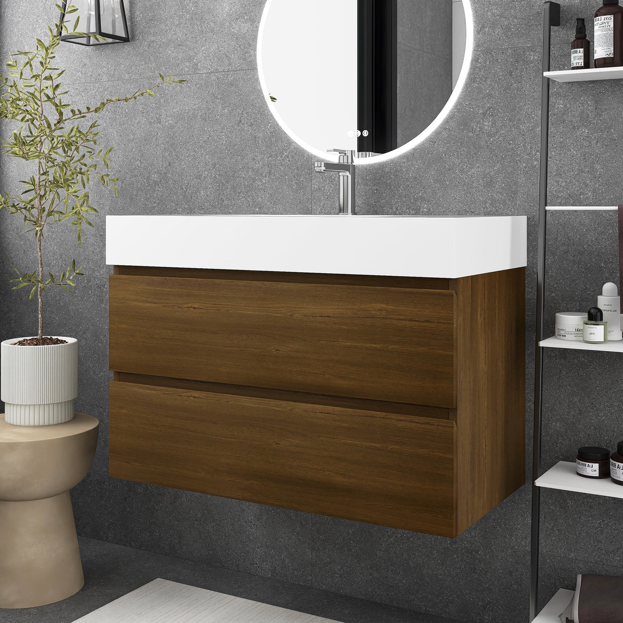 Wall-Mounted Bathroom Vanity Set with 2 Drawers and Solid surface Sink