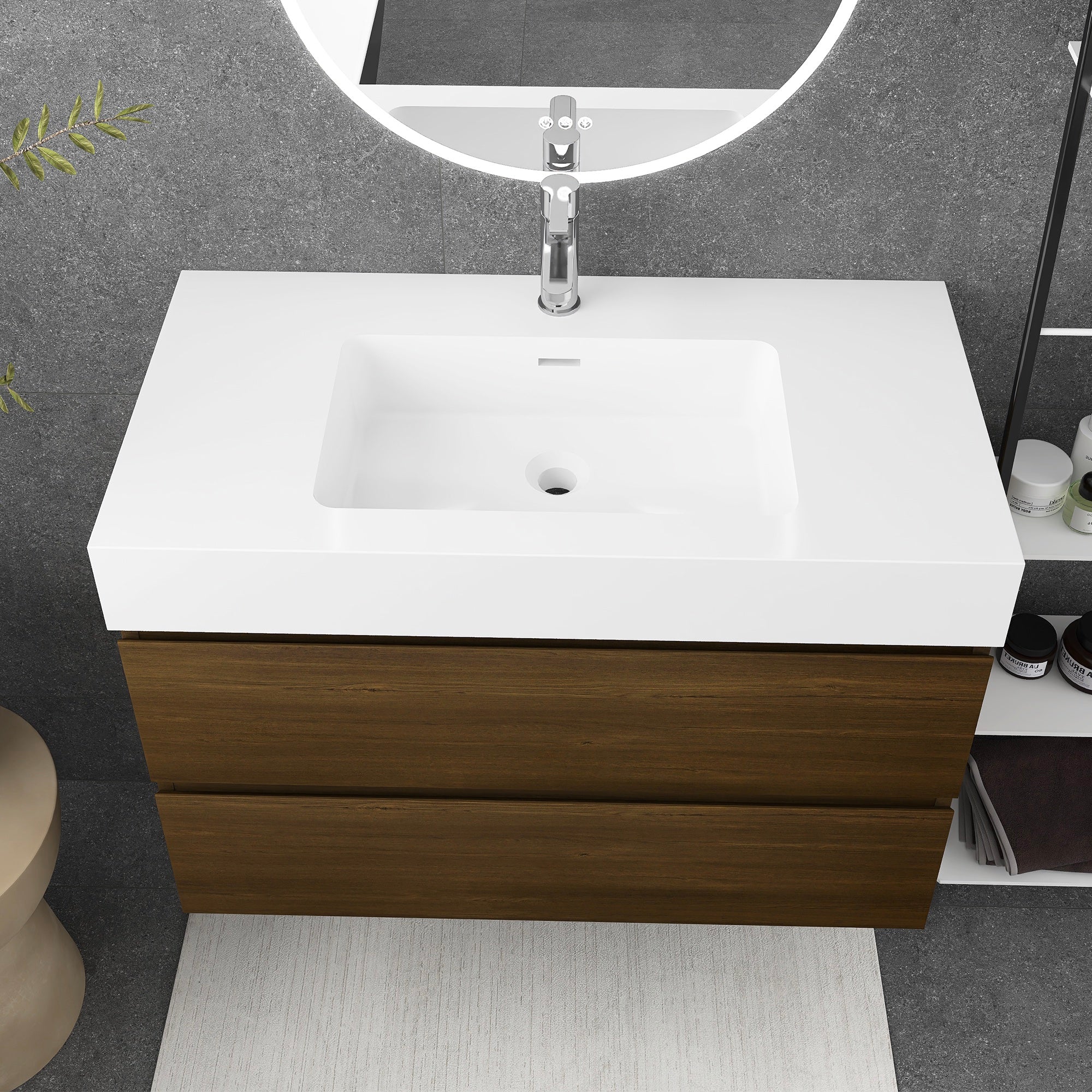 Wall-Mounted Bathroom Vanity Set with 2 Drawers and Solid surface Sink