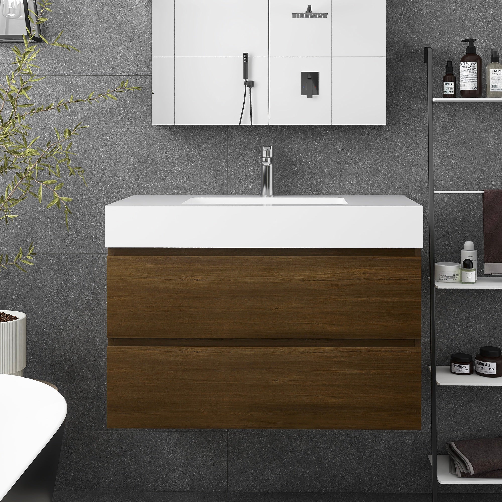 Wall-Mounted Bathroom Vanity Set with 2 Drawers and Solid surface Sink