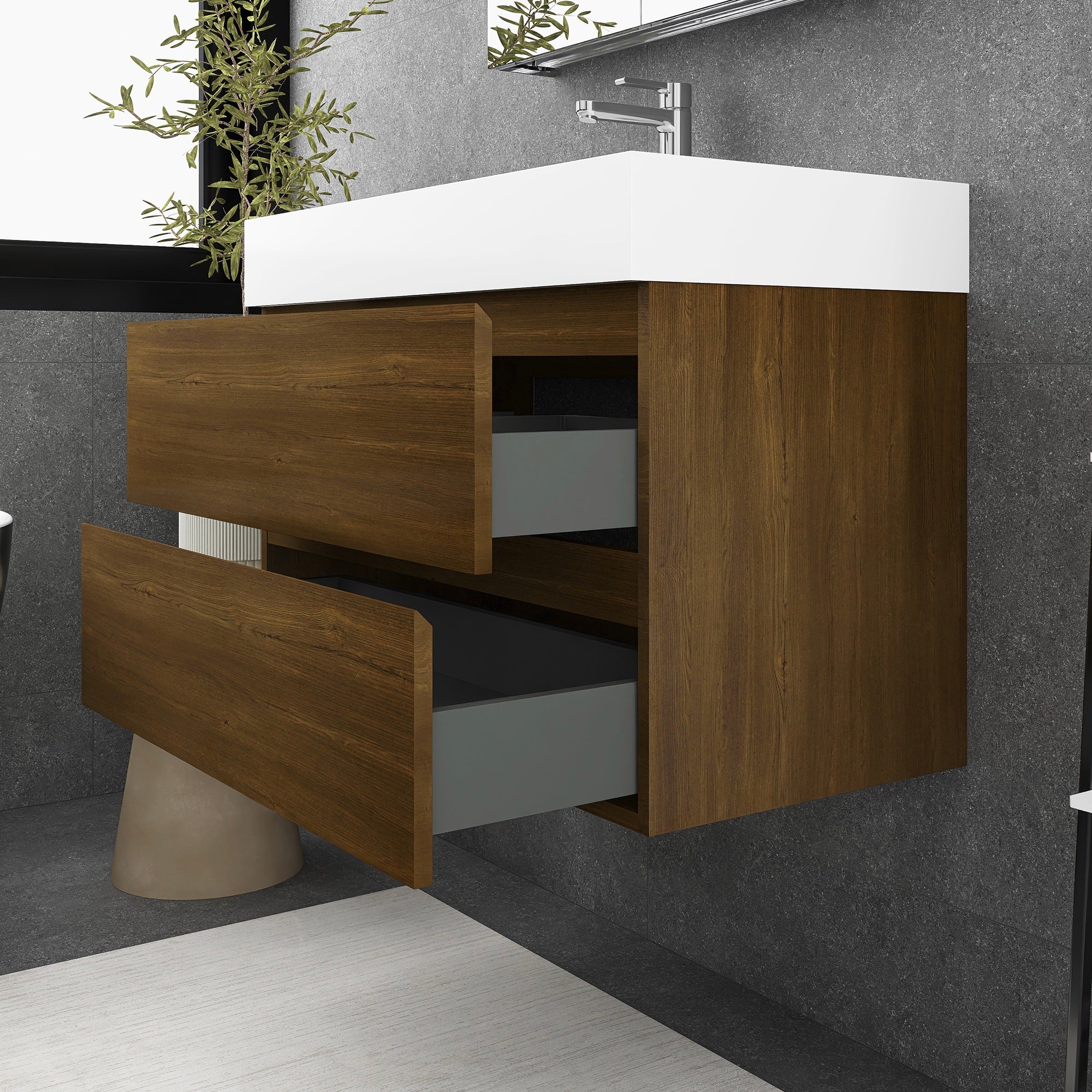 Wall-Mounted Bathroom Vanity Set with 2 Drawers and Solid surface Sink