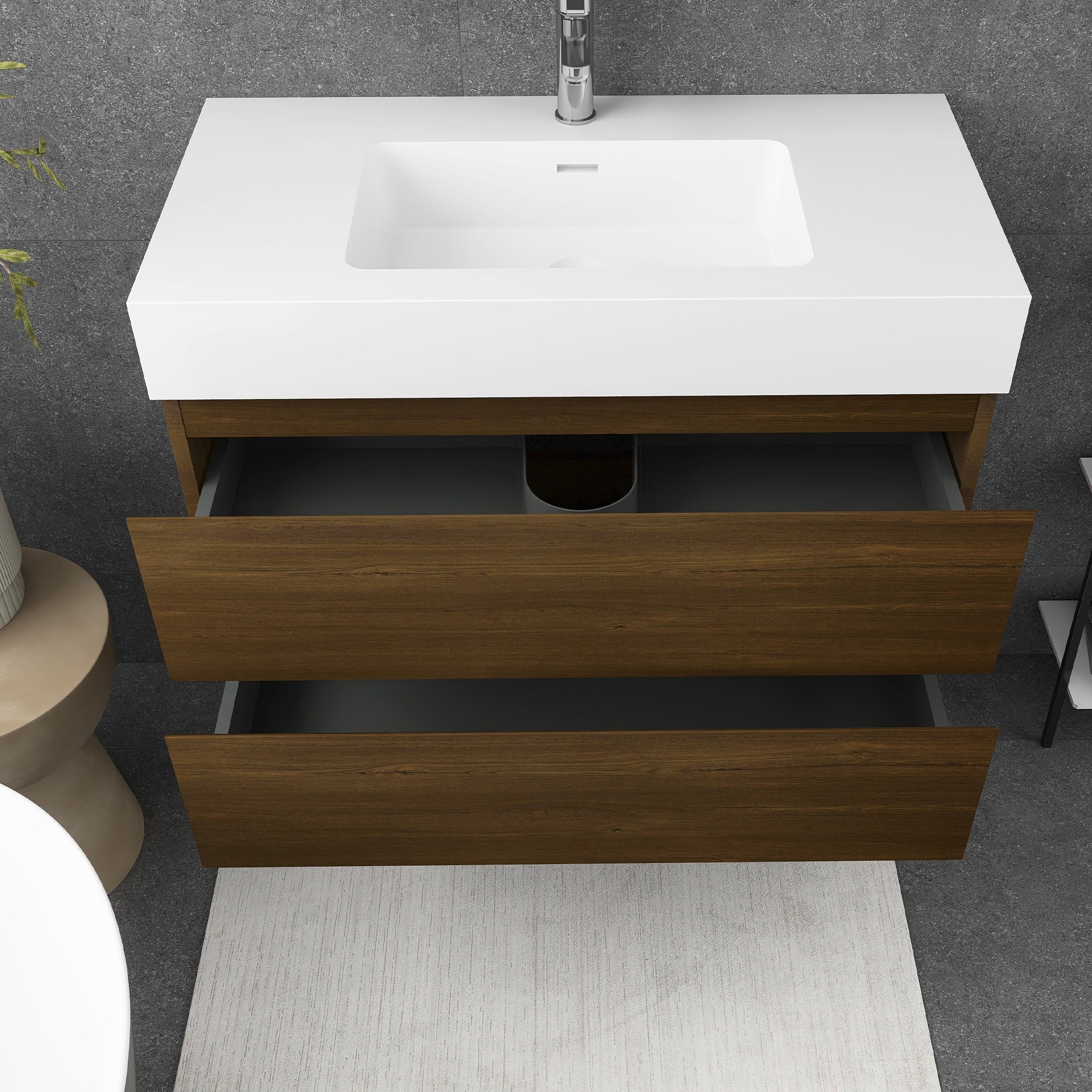 Wall-Mounted Bathroom Vanity Set with 2 Drawers and Solid surface Sink