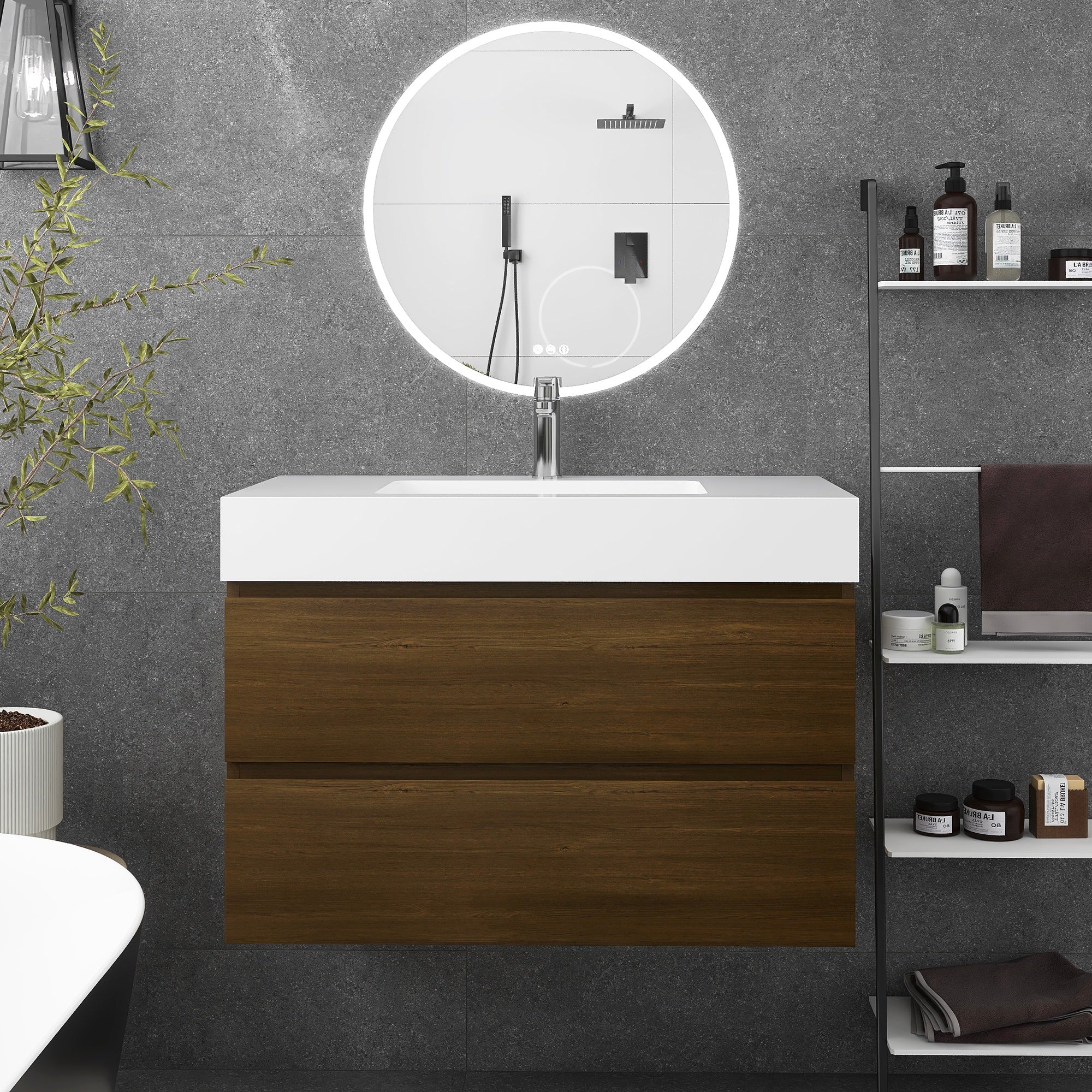 Wall-Mounted Bathroom Vanity Set with 2 Drawers and Solid surface Sink