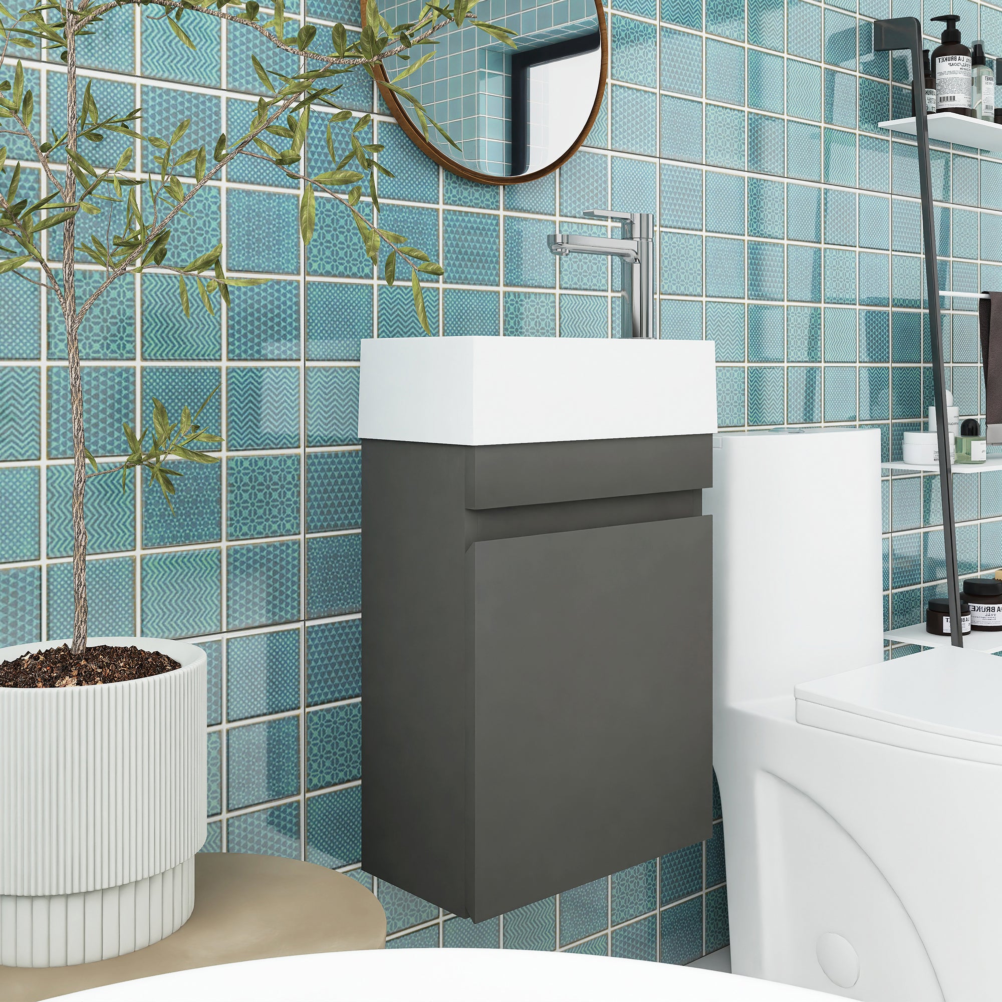 18 in. W x 10 in. D x 25 in. H Single Sink Narrow Floating Bath Vanity in Gray with White Solid Surface Top