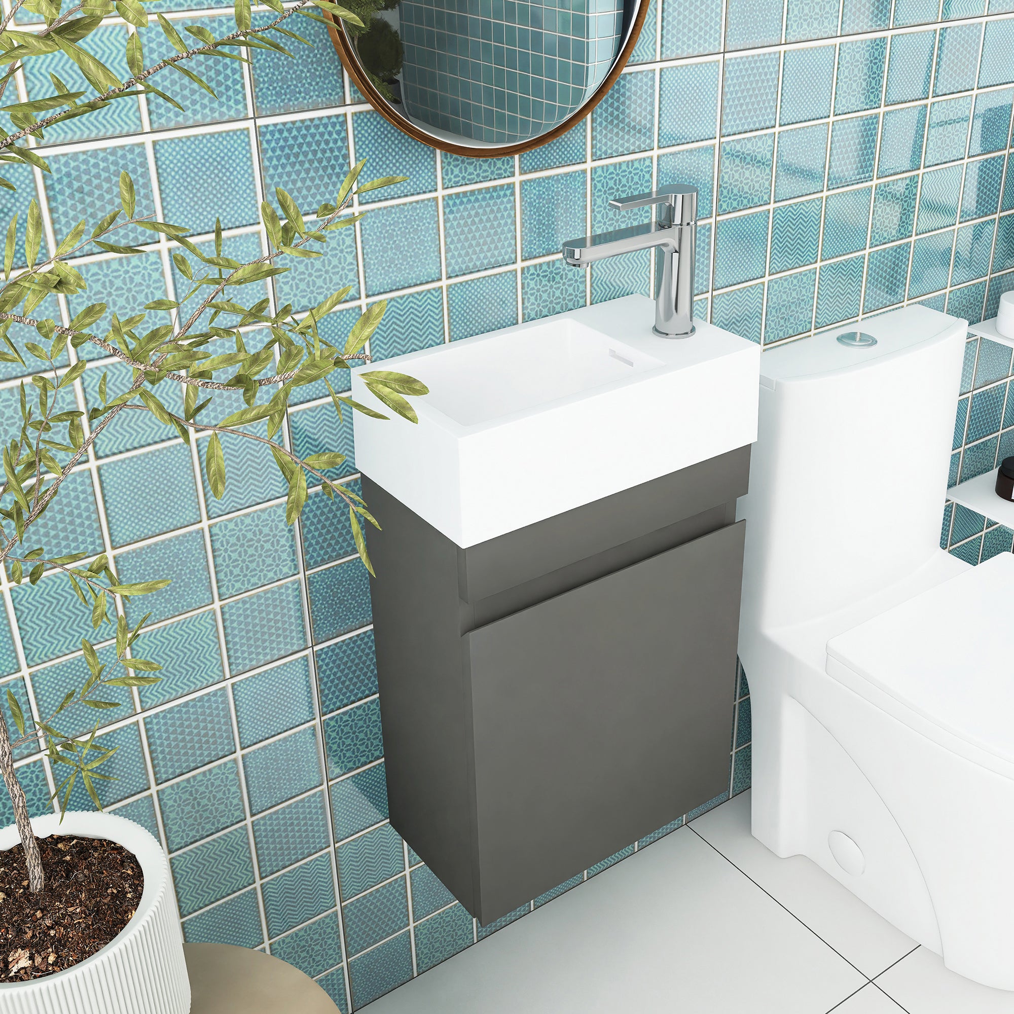 18 in. W x 10 in. D x 25 in. H Single Sink Narrow Floating Bath Vanity in Gray with White Solid Surface Top