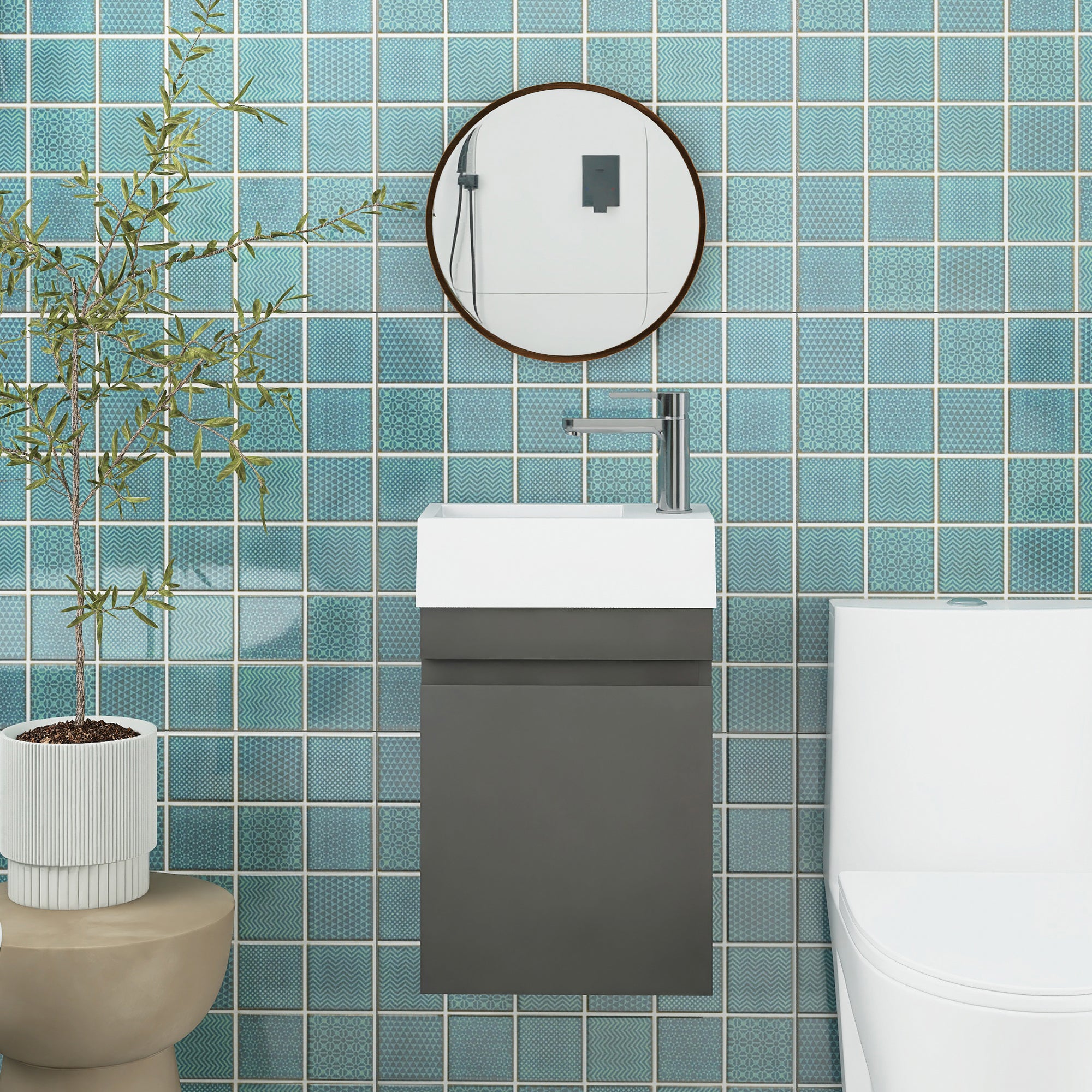 18 in. W x 10 in. D x 25 in. H Single Sink Narrow Floating Bath Vanity in Gray with White Solid Surface Top