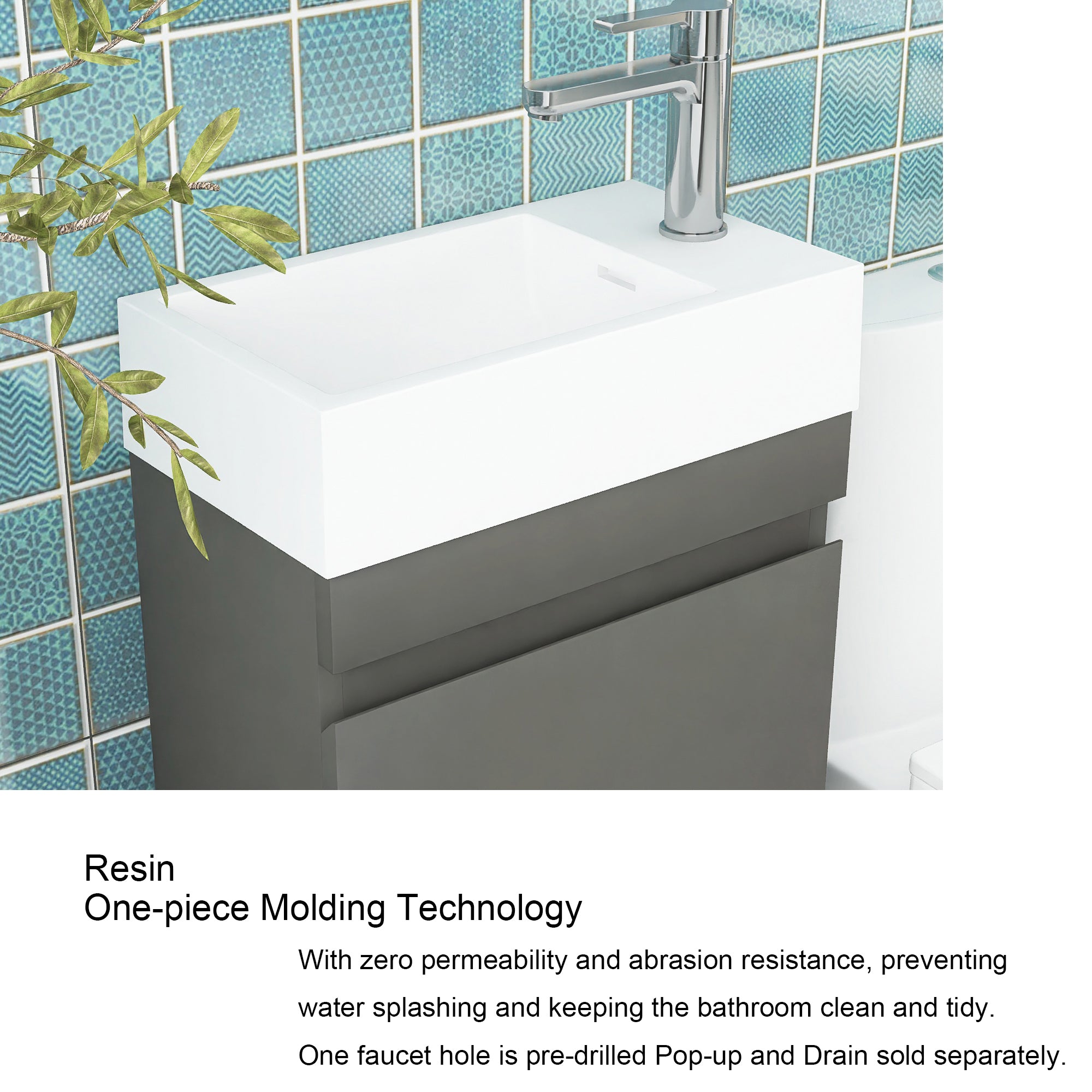 18 in. W x 10 in. D x 25 in. H Single Sink Narrow Floating Bath Vanity in Gray with White Solid Surface Top