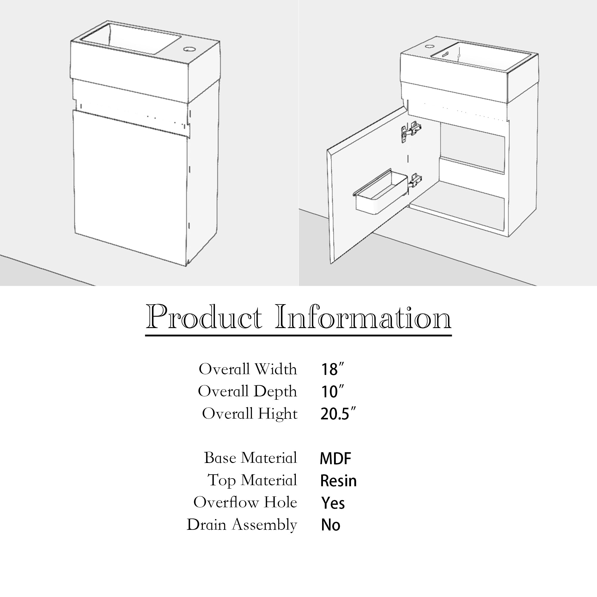 18 in. W x 10 in. D x 25 in. H Single Sink Narrow Floating Bath Vanity in Gray with White Solid Surface Top