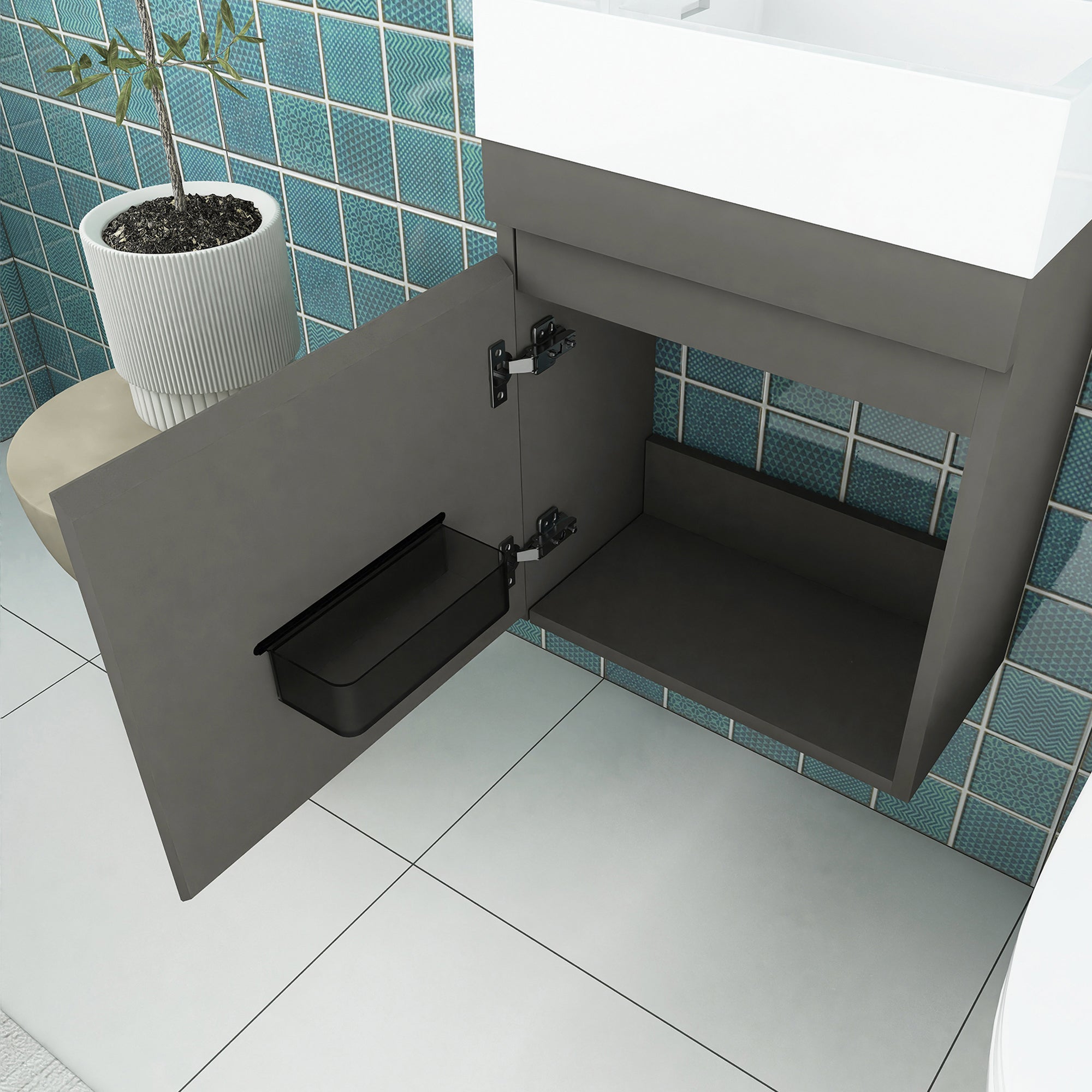18 in. W x 10 in. D x 25 in. H Single Sink Narrow Floating Bath Vanity in Gray with White Solid Surface Top