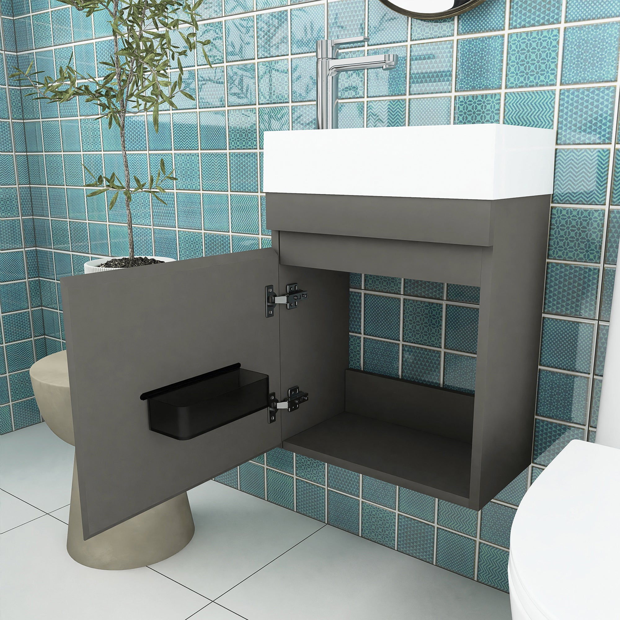 18 in. W x 10 in. D x 25 in. H Single Sink Narrow Floating Bath Vanity in Gray with White Solid Surface Top