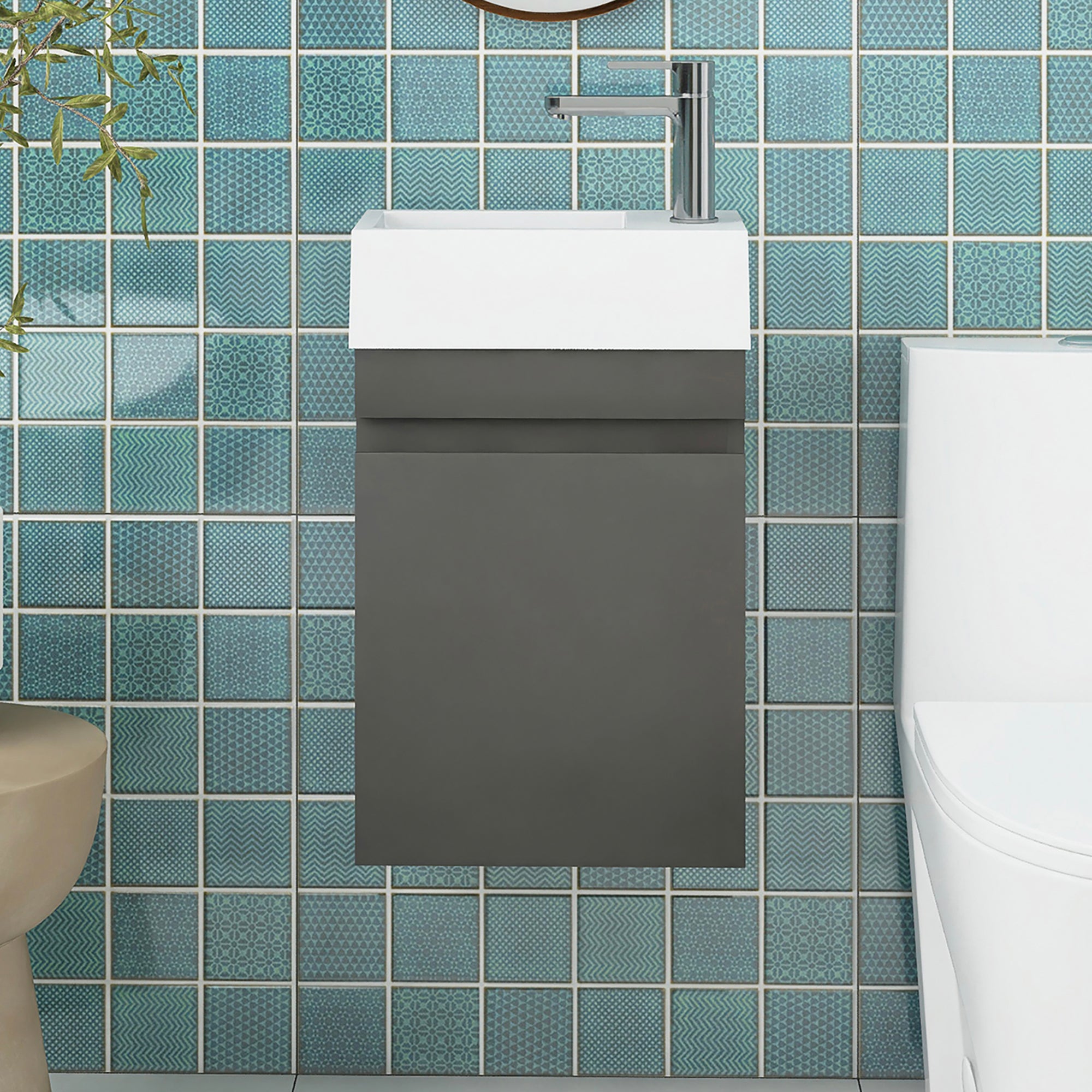 18 in. W x 10 in. D x 25 in. H Single Sink Narrow Floating Bath Vanity in Gray with White Solid Surface Top