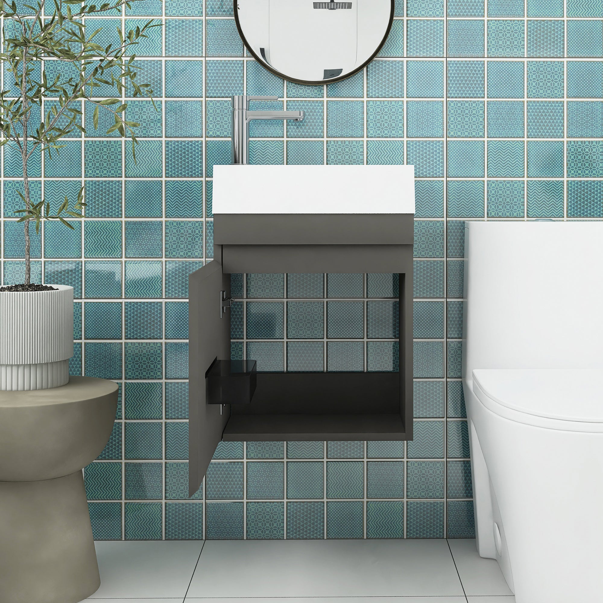 18 in. W x 10 in. D x 25 in. H Single Sink Narrow Floating Bath Vanity in Gray with White Solid Surface Top