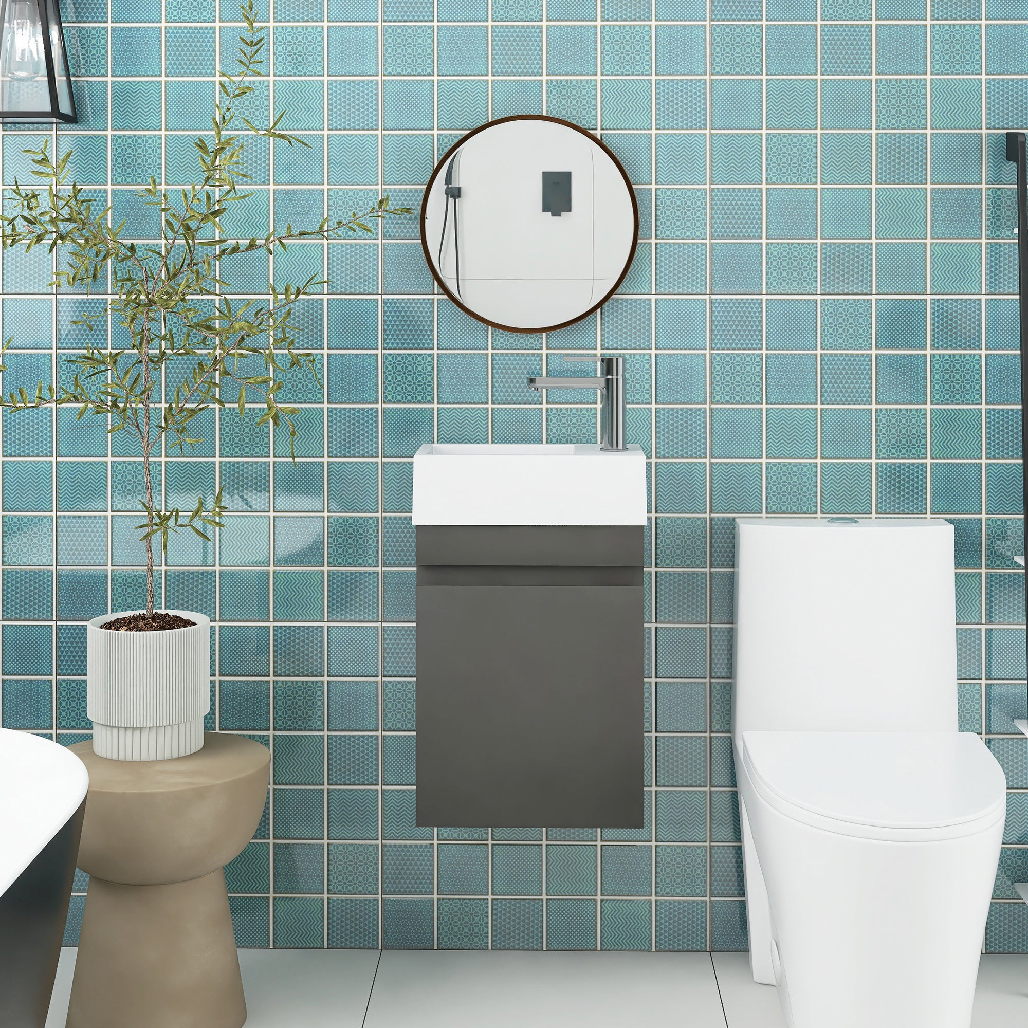 18 in. W x 10 in. D x 25 in. H Single Sink Narrow Floating Bath Vanity in Gray with White Solid Surface Top