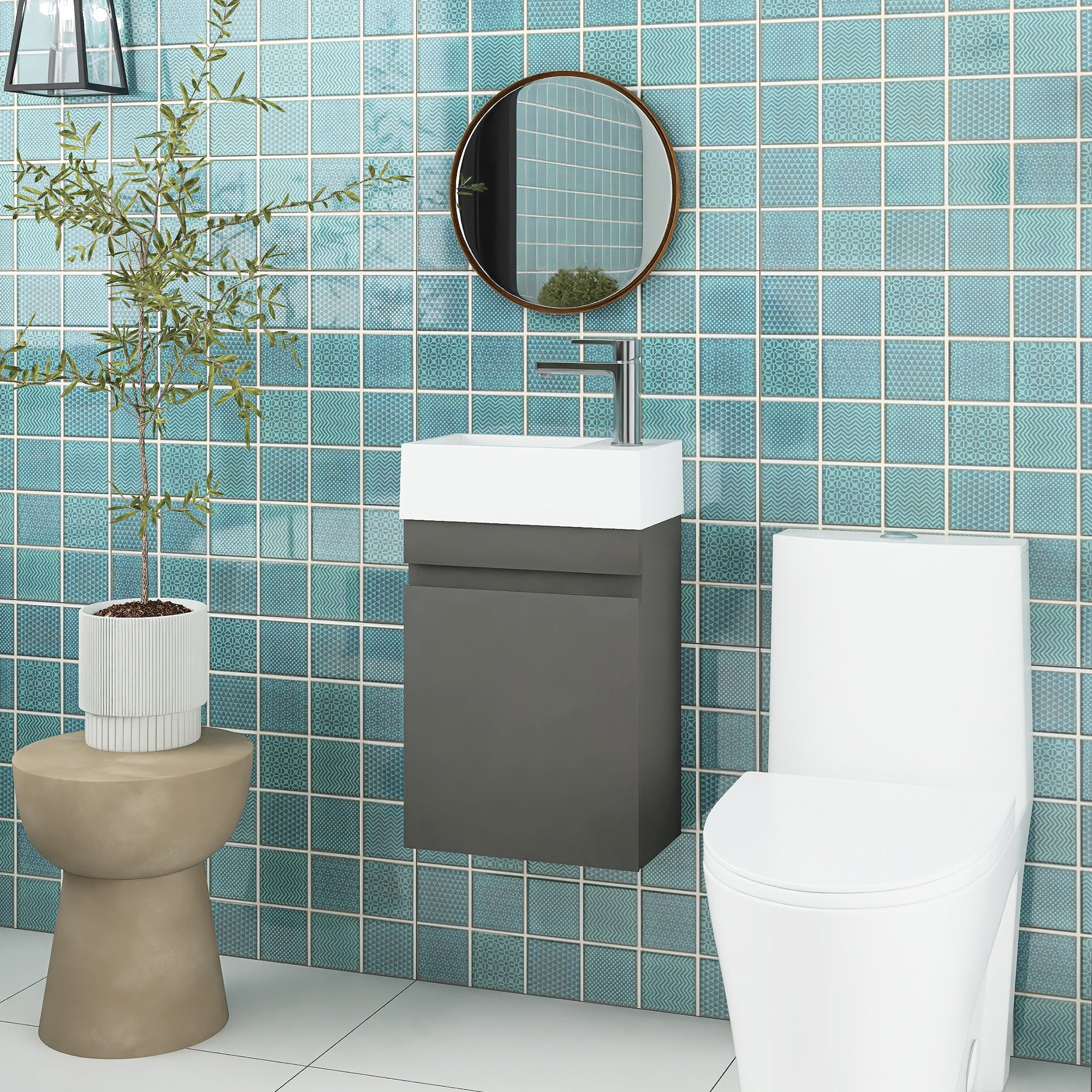 18 in. W x 10 in. D x 25 in. H Single Sink Narrow Floating Bath Vanity in Gray with White Solid Surface Top