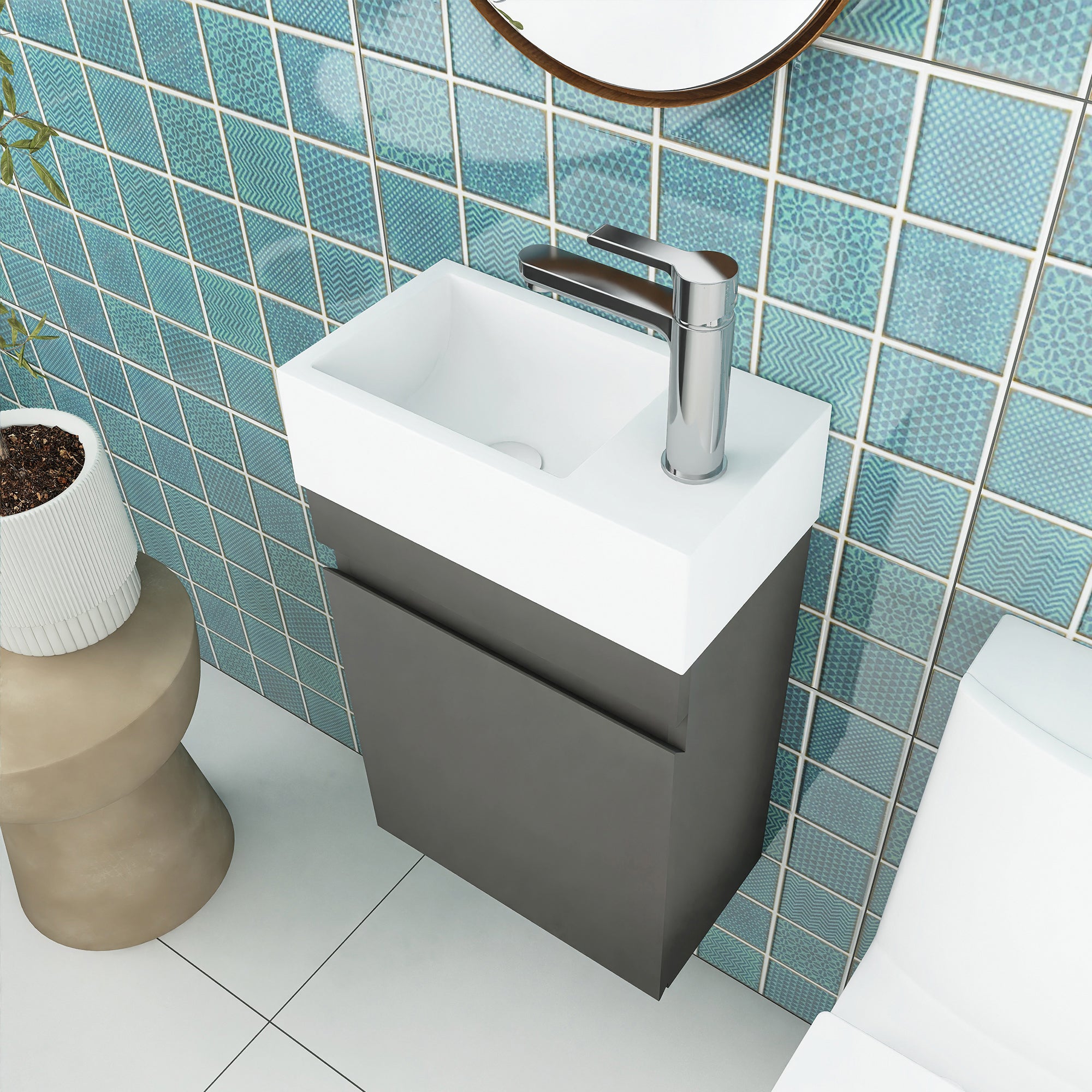 18 in. W x 10 in. D x 25 in. H Single Sink Narrow Floating Bath Vanity in Gray with White Solid Surface Top
