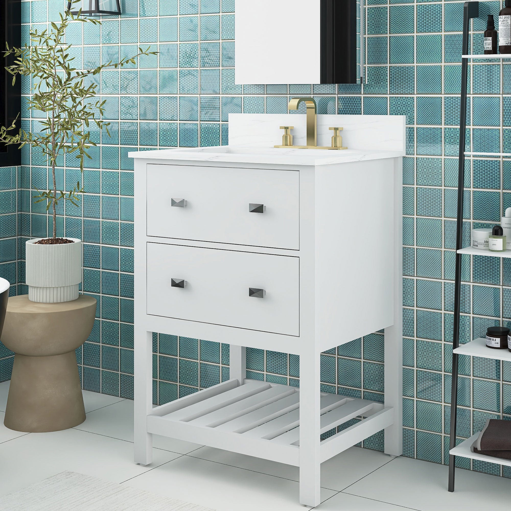 24/30 inch Plywood Freestanding Bathroom Vanity Set with Open Shelf and Ceramic Sink