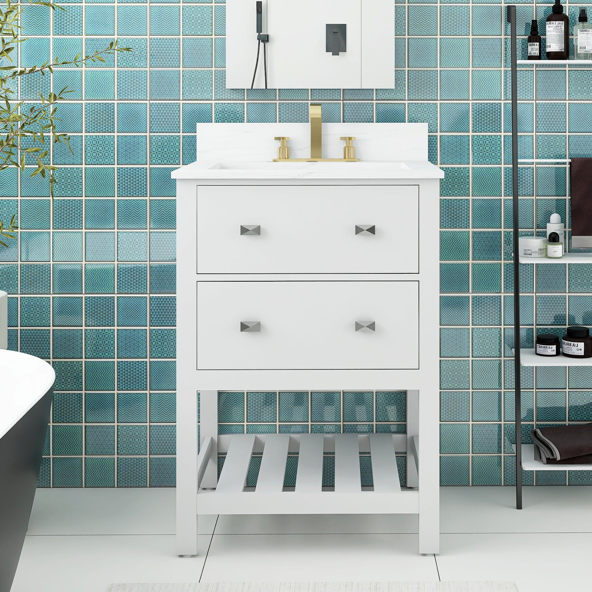 24/30 inch Plywood Freestanding Bathroom Vanity Set with Open Shelf and Ceramic Sink