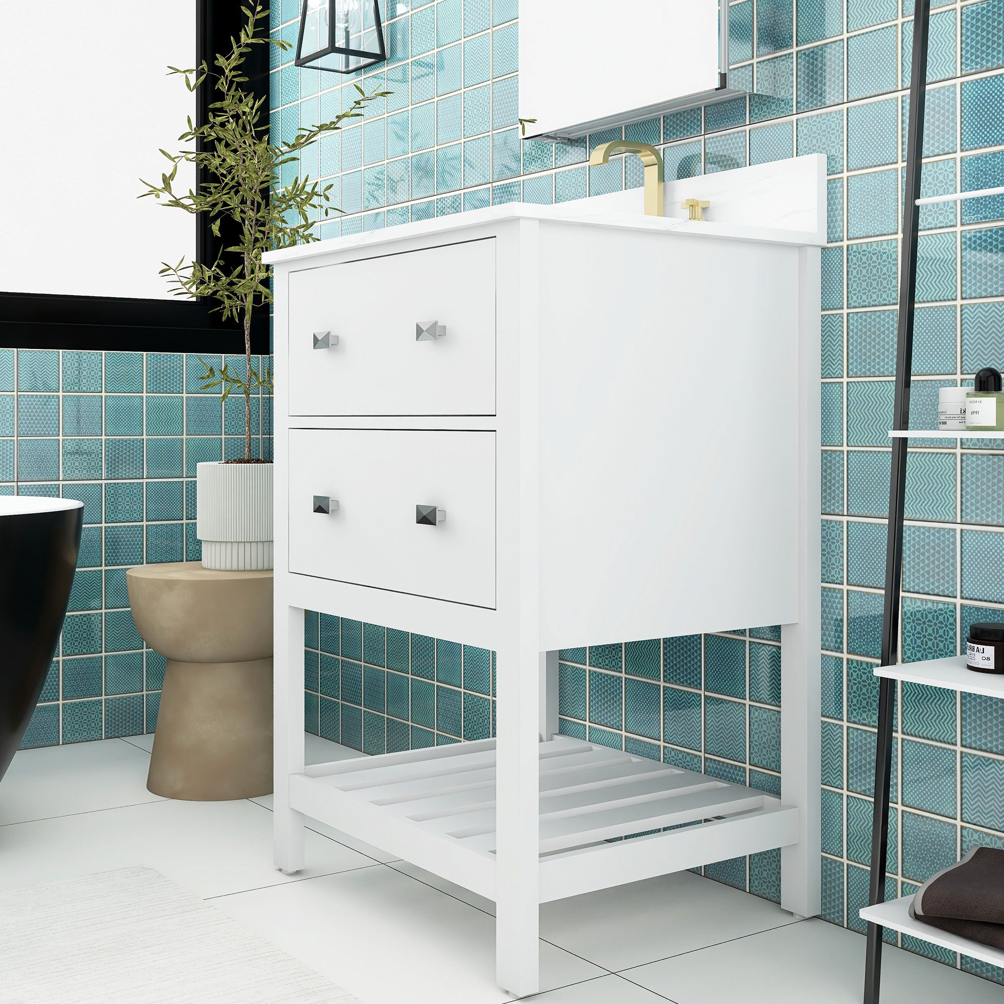 24/30 inch Plywood Freestanding Bathroom Vanity Set with Open Shelf and Ceramic Sink