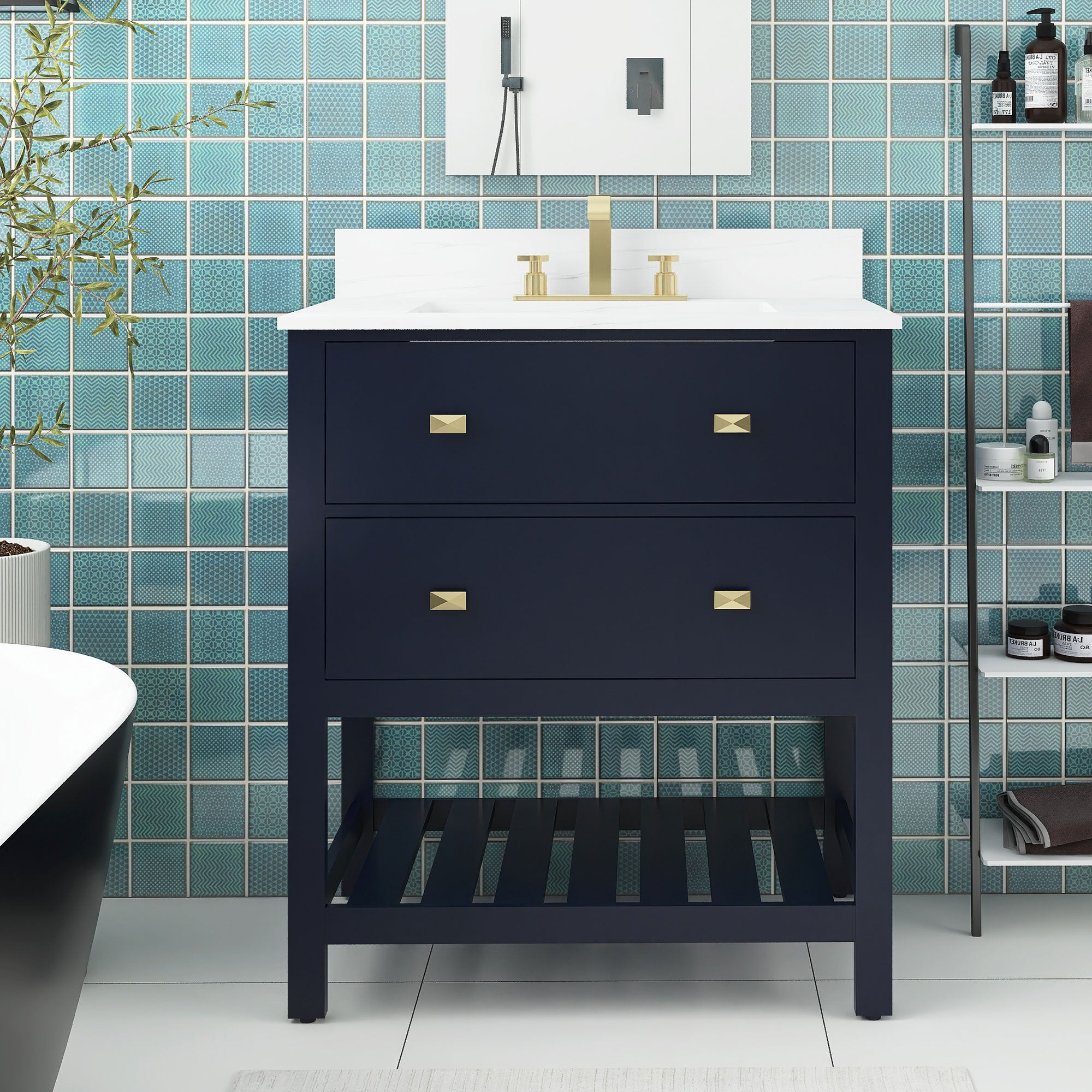 24/30 inch Plywood Freestanding Bathroom Vanity Set with Open Shelf and Ceramic Sink
