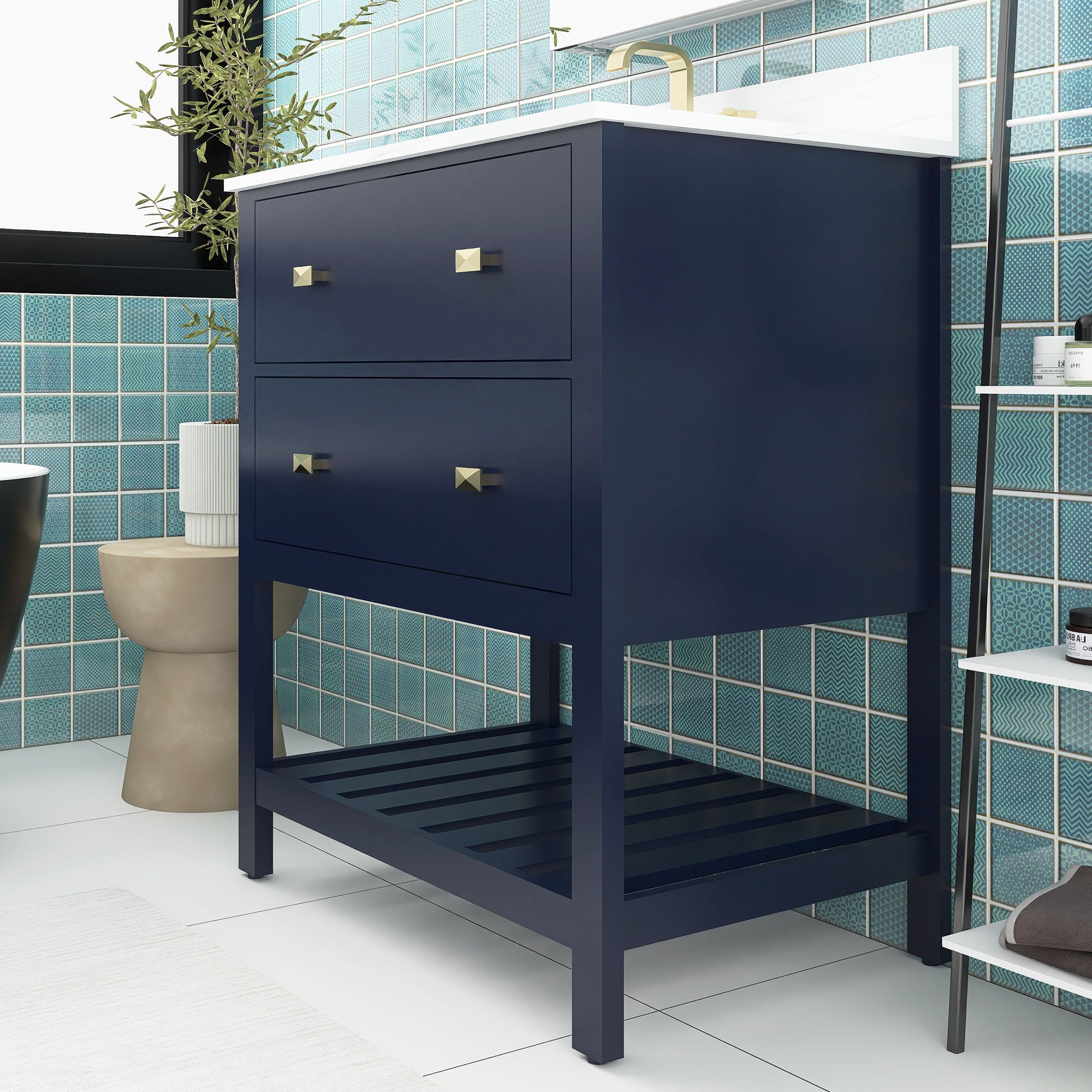 24/30 inch Plywood Freestanding Bathroom Vanity Set with Open Shelf and Ceramic Sink