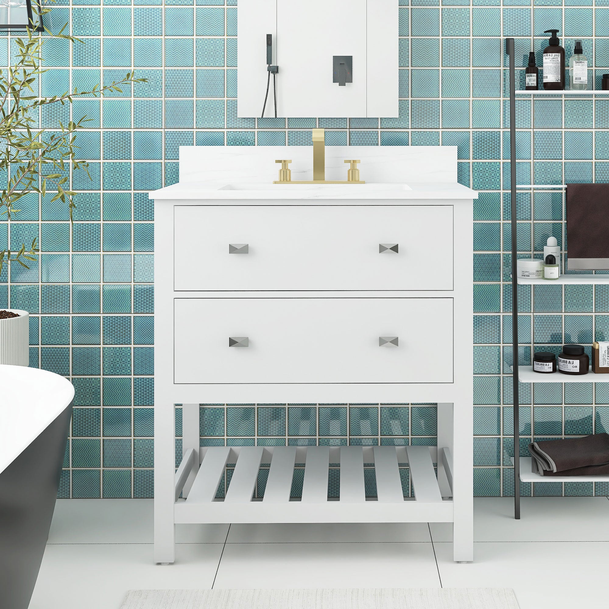 24/30 inch Plywood Freestanding Bathroom Vanity Set with Open Shelf and Ceramic Sink