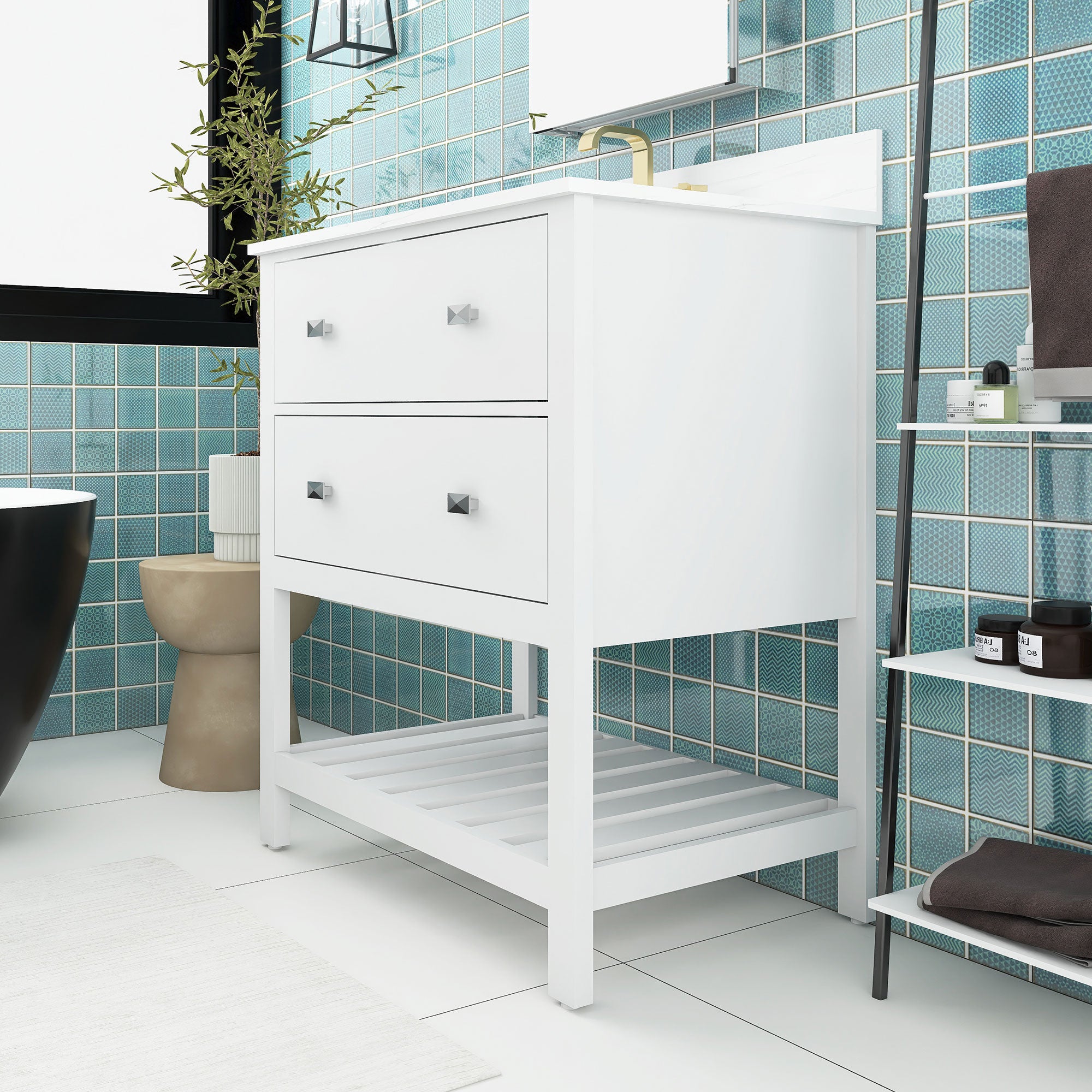 24/30 inch Plywood Freestanding Bathroom Vanity Set with Open Shelf and Ceramic Sink