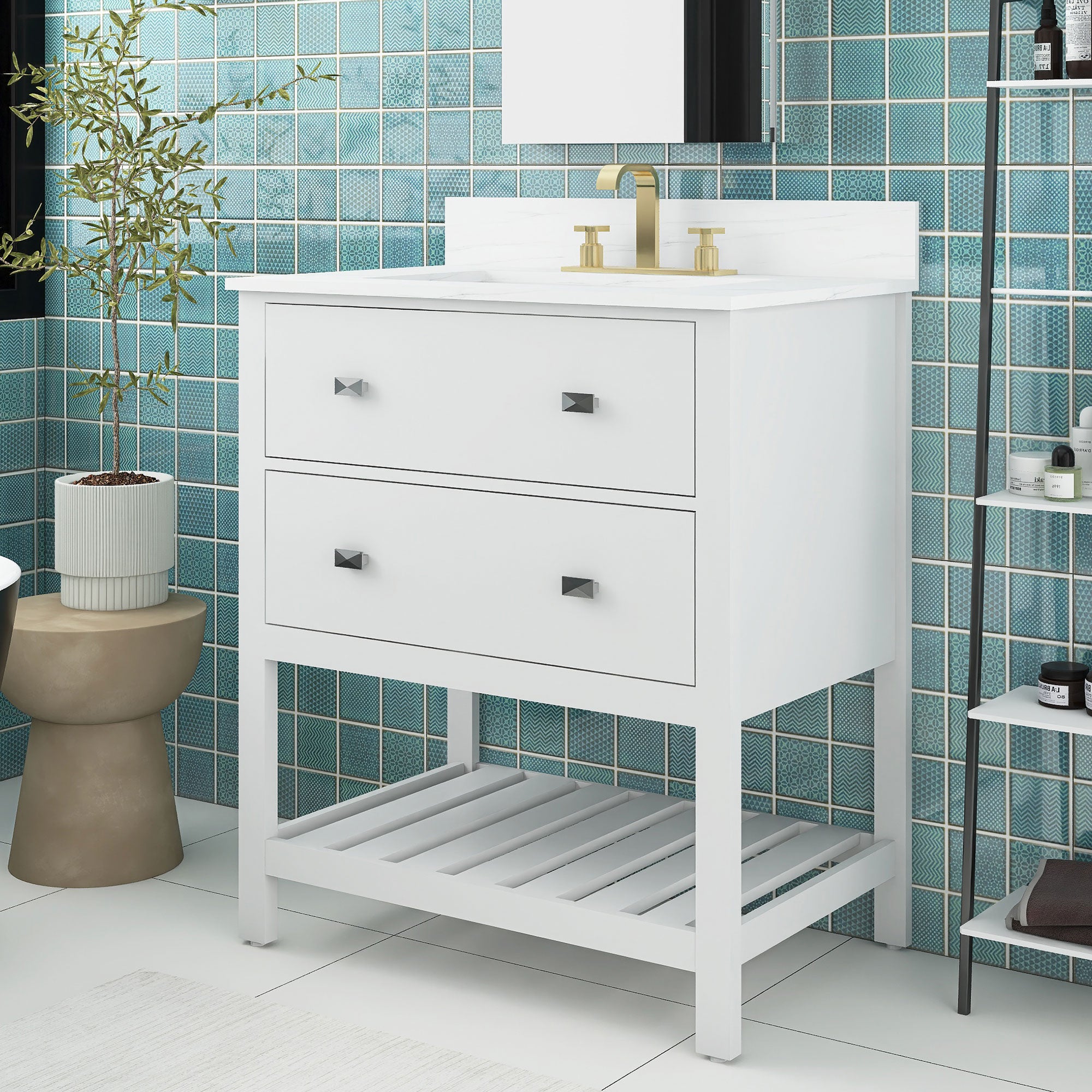 24/30 inch Plywood Freestanding Bathroom Vanity Set with Open Shelf and Ceramic Sink