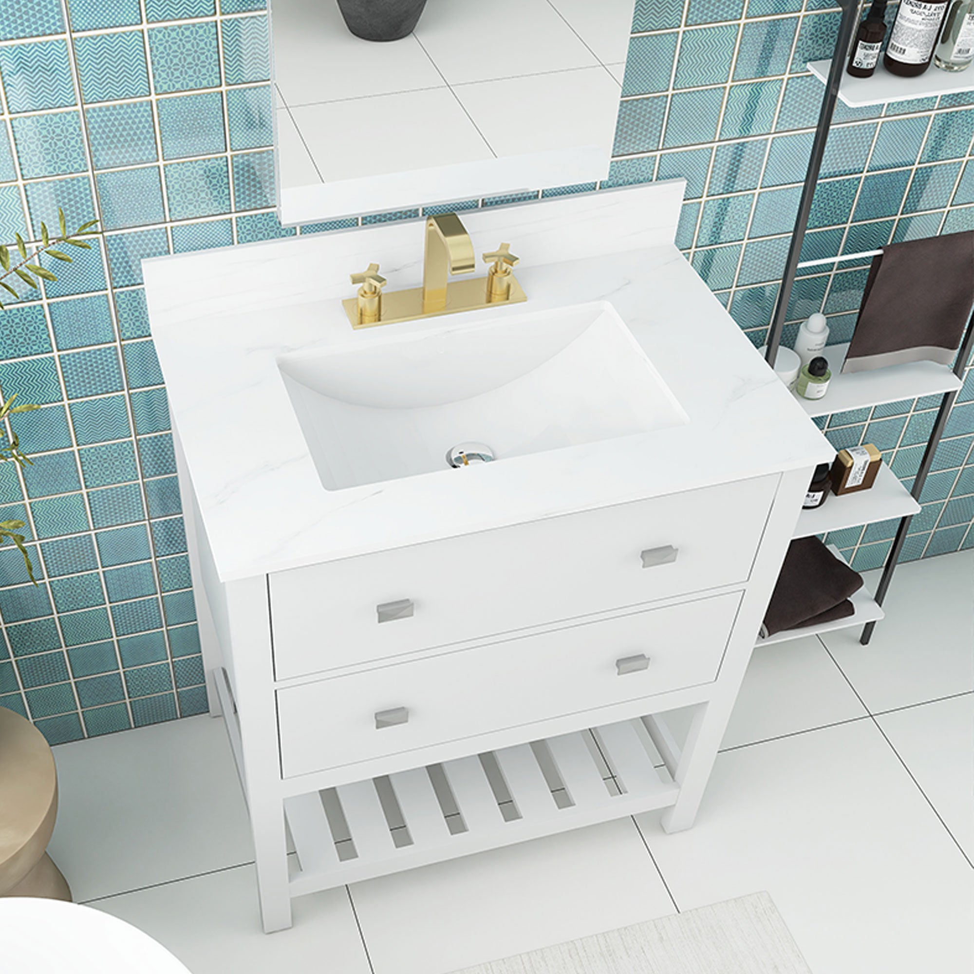 24/30 inch Plywood Freestanding Bathroom Vanity Set with Open Shelf and Ceramic Sink