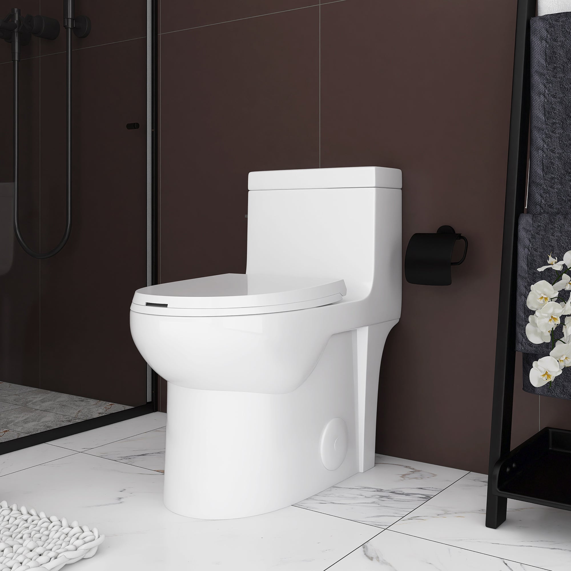 15 1/8 Inch One-piece 1.1/1.6 GPF Dual Flush Elongated Toilet with Soft-Close Seat