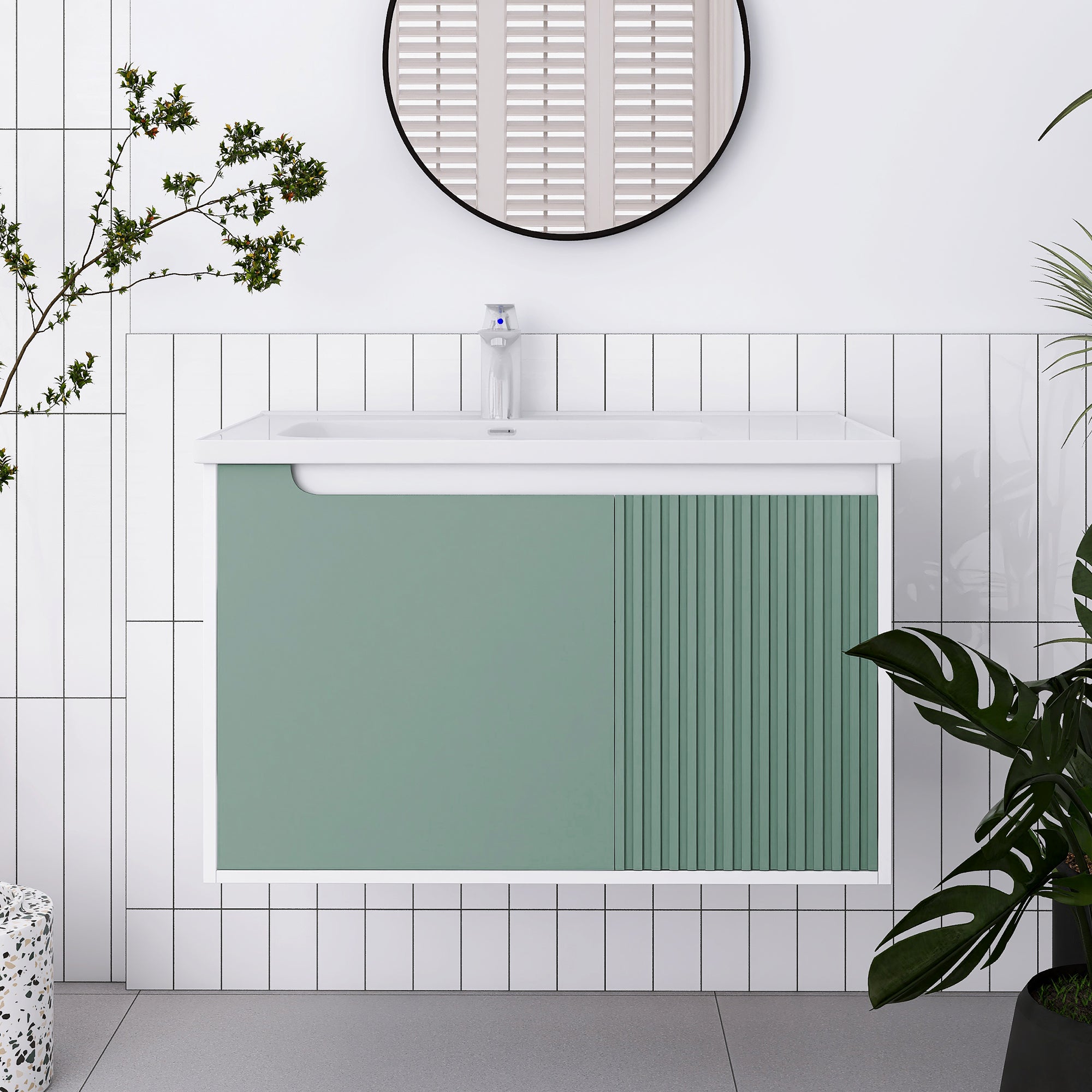 32/36/40 inch Wall Mounted Bathroom Vanity Set in Mint Green with Integrated Ceramic Sink