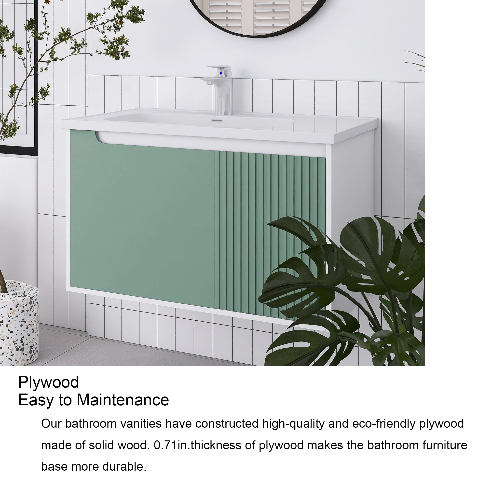 32/36/40 inch Wall Mounted Bathroom Vanity Set in Mint Green with Integrated Ceramic Sink