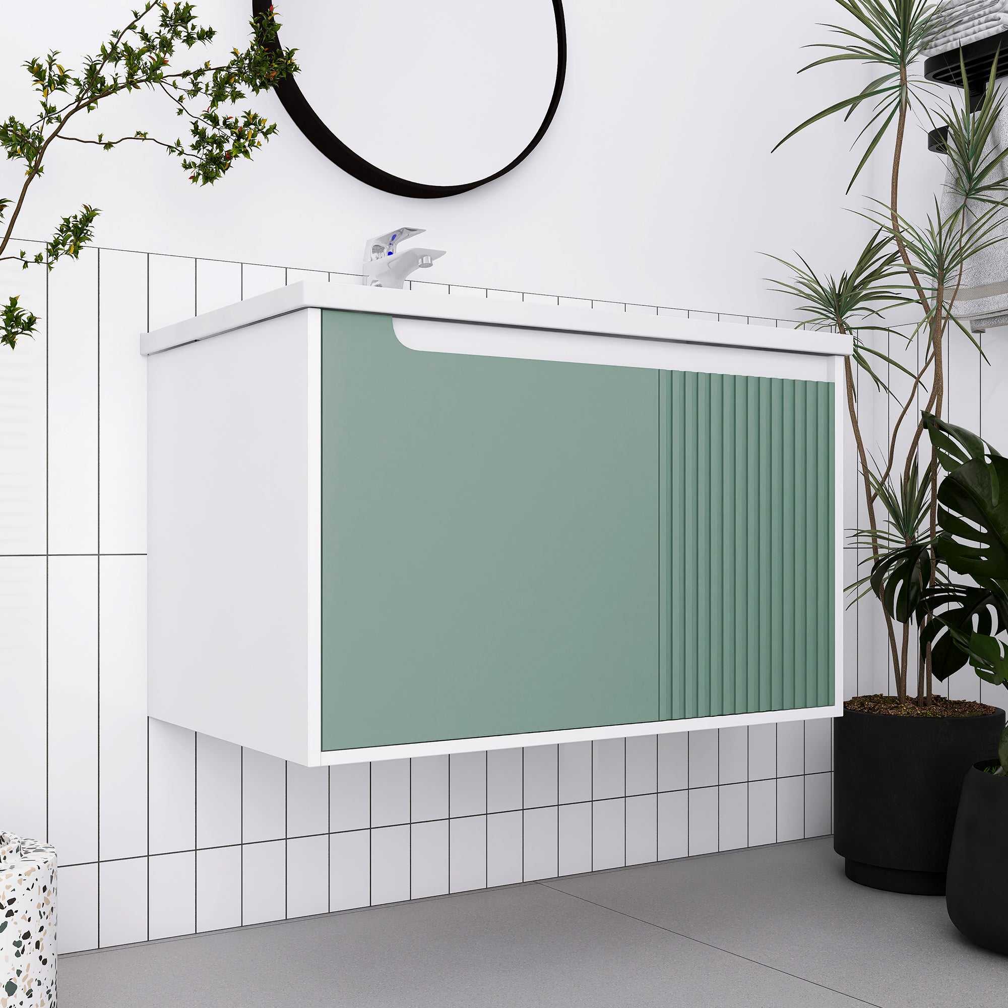 32/36/40 inch Wall Mounted Bathroom Vanity Set in Mint Green with Integrated Ceramic Sink