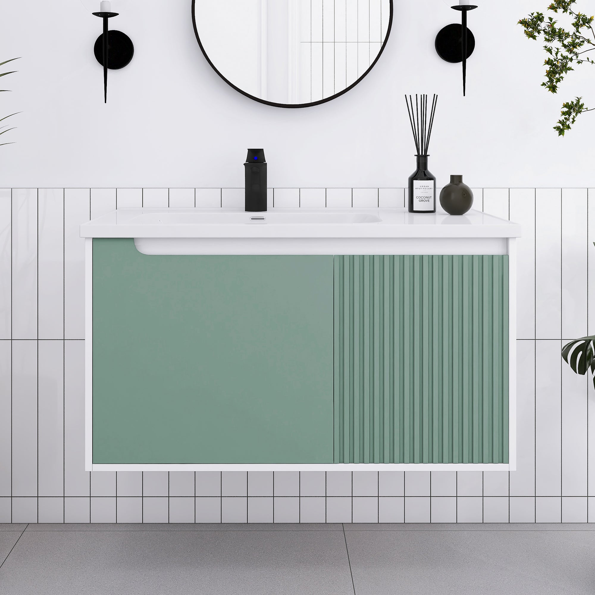 32/36/40 inch Wall Mounted Bathroom Vanity Set in Mint Green with Integrated Ceramic Sink