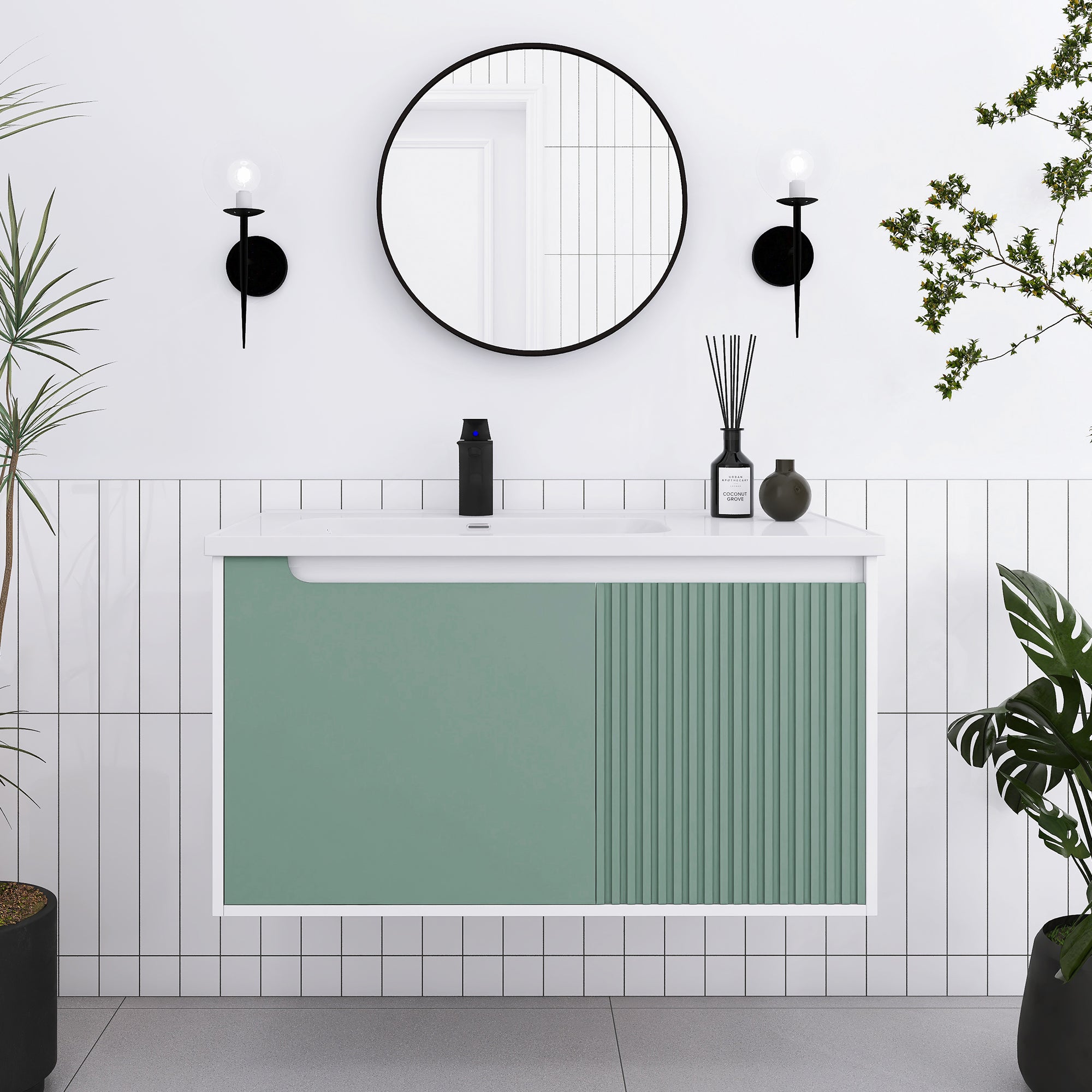 32/36/40 inch Wall Mounted Bathroom Vanity Set in Mint Green with Integrated Ceramic Sink