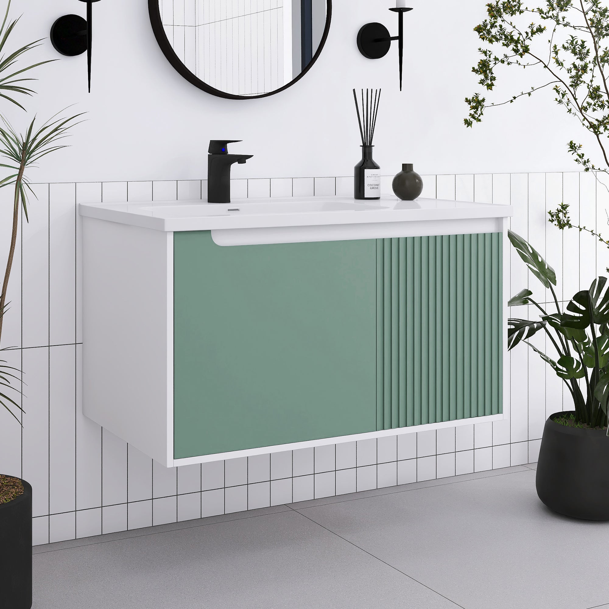 32/36/40 inch Wall Mounted Bathroom Vanity Set in Mint Green with Integrated Ceramic Sink