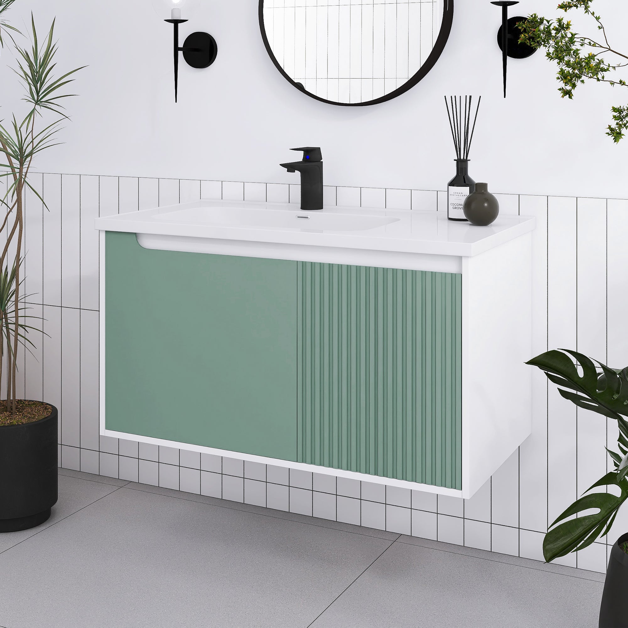 32/36/40 inch Wall Mounted Bathroom Vanity Set in Mint Green with Integrated Ceramic Sink