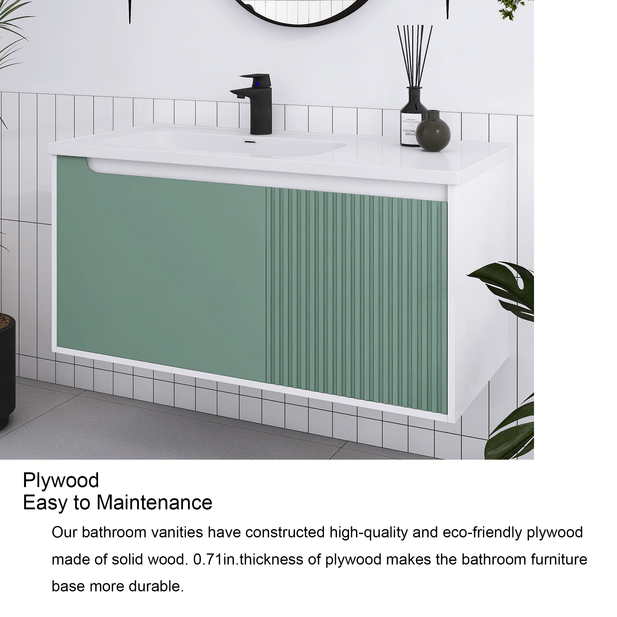 32/36/40 inch Wall Mounted Bathroom Vanity Set in Mint Green with Integrated Ceramic Sink
