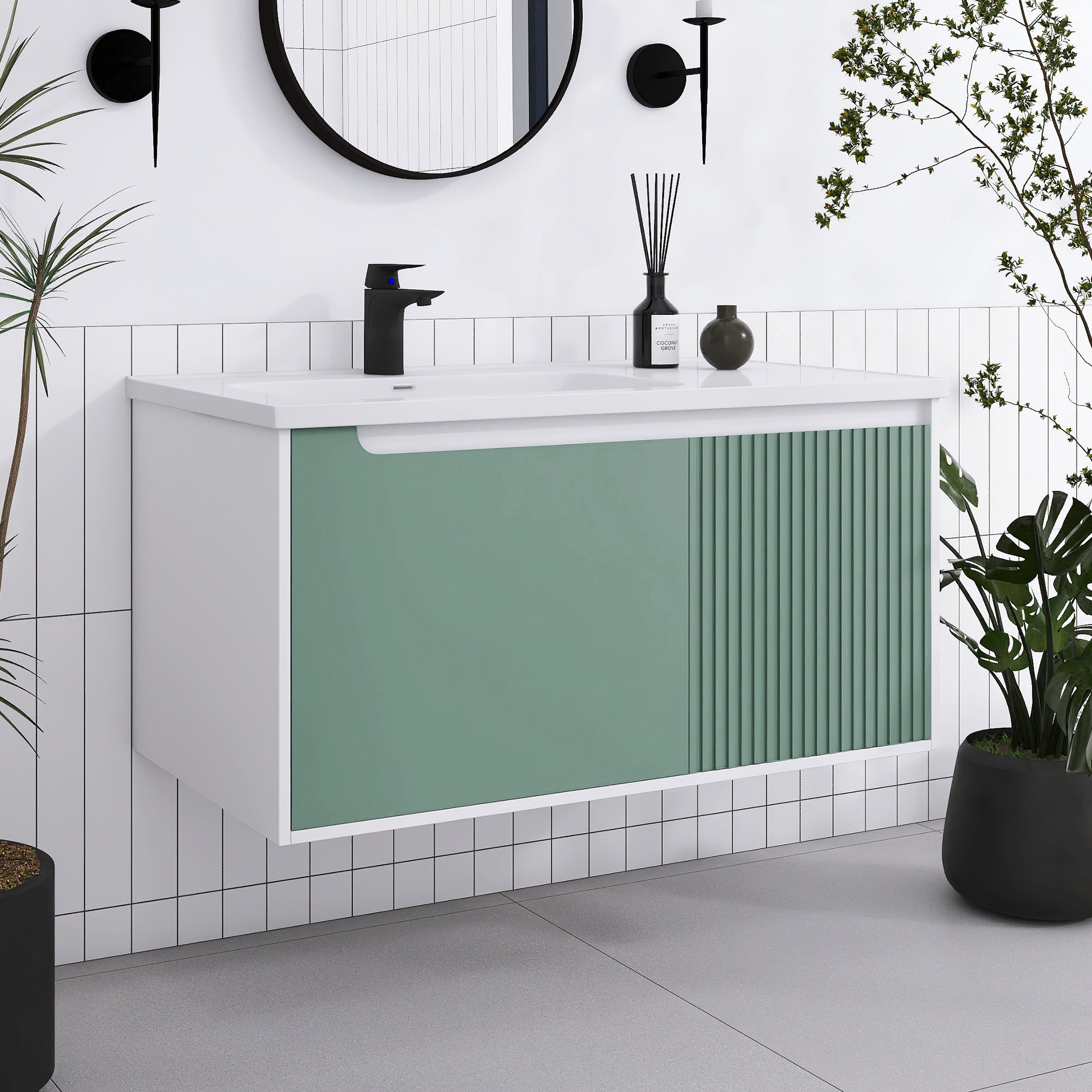 32/36/40 inch Wall Mounted Bathroom Vanity Set in Mint Green with Integrated Ceramic Sink
